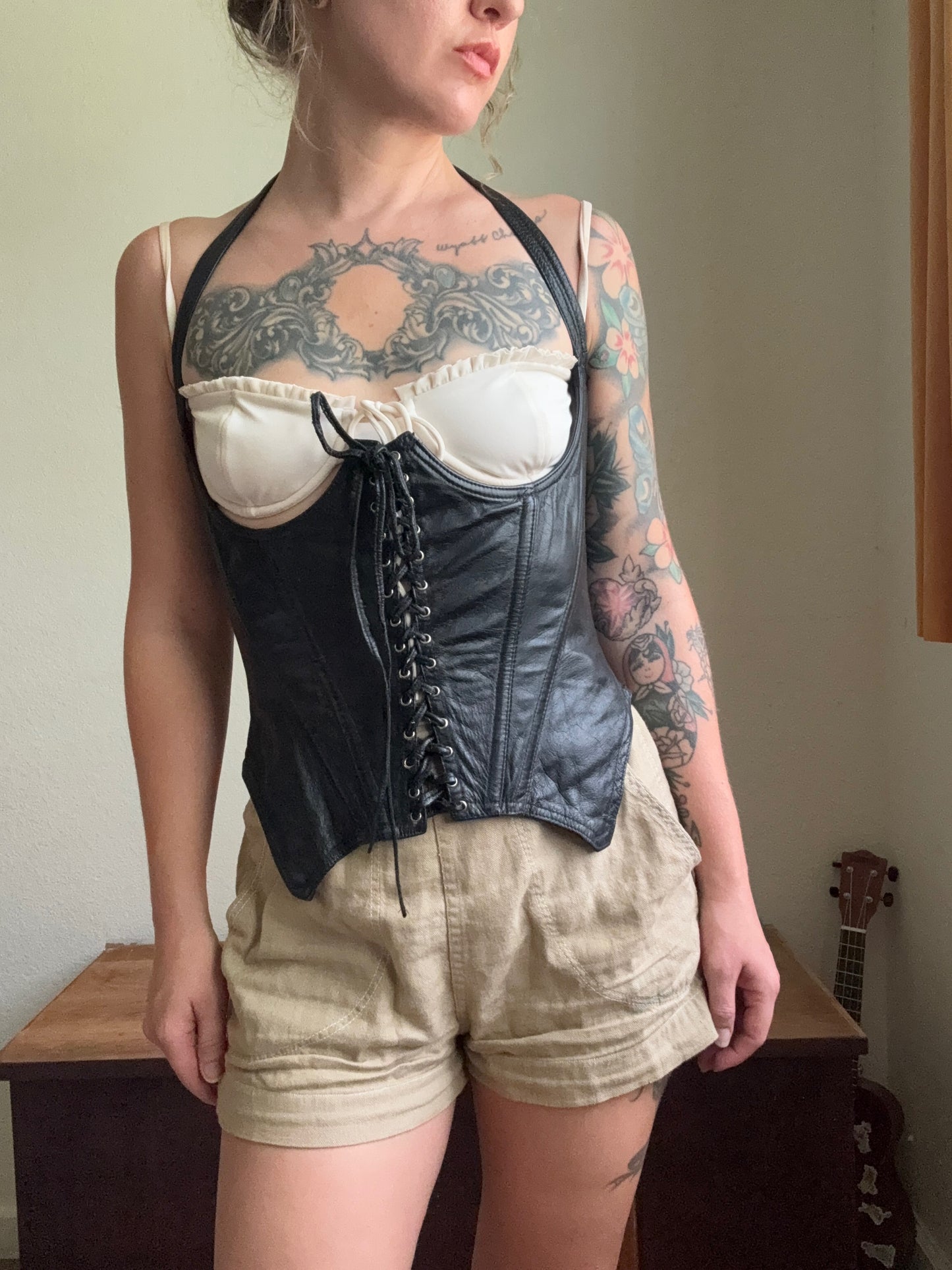 1980s Trashy Lingerie Leather Corset Bustier Halter Top Medium
