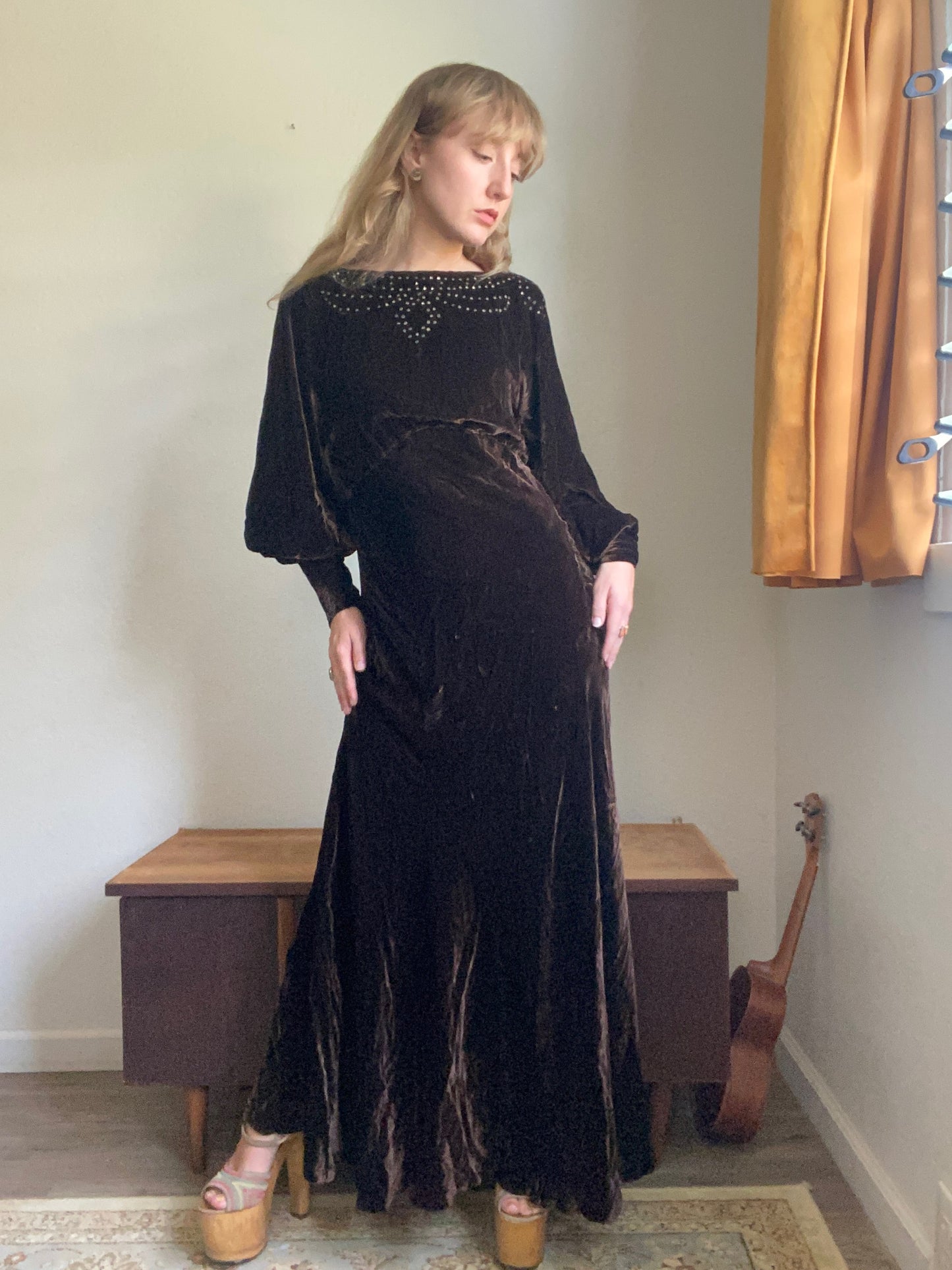 1940s Rhinestone Bias Cut Brown Velvet dress