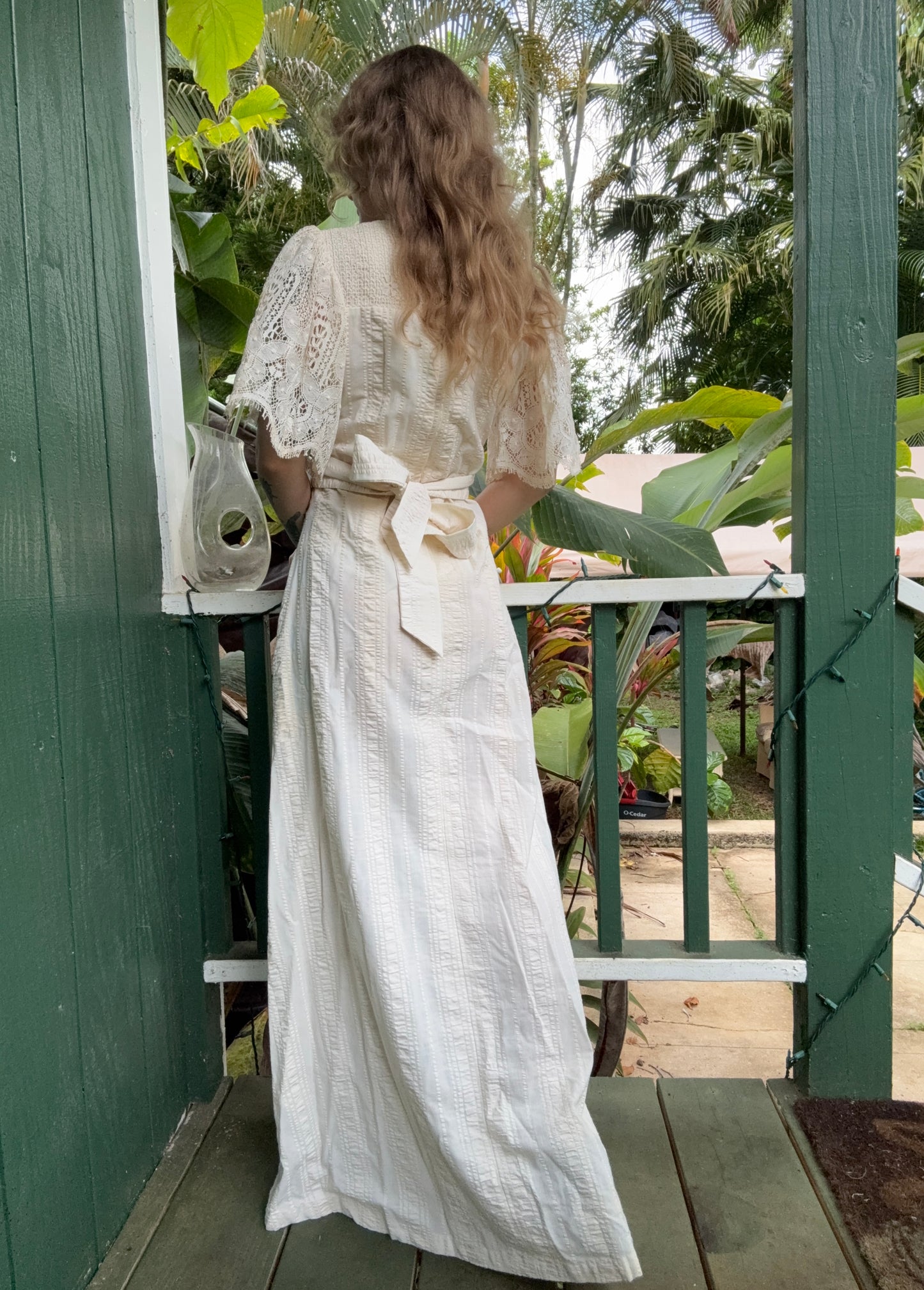 1970s Joy Stevens Ivory Lace Prairie Dress Small Long