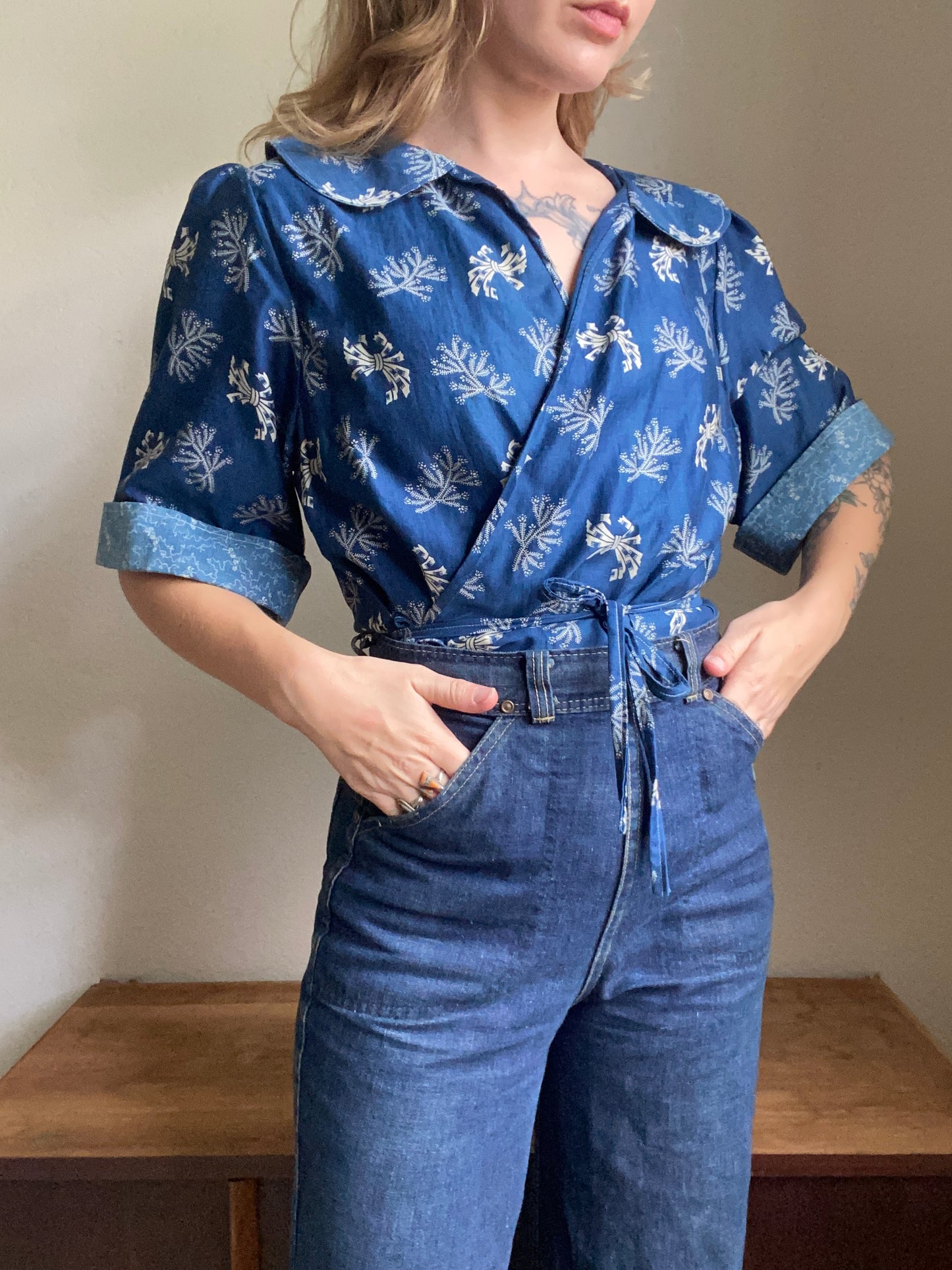 Early 1900s Antique Blue Cotton Calico fabric remade Blouse by Reunion Vintage
