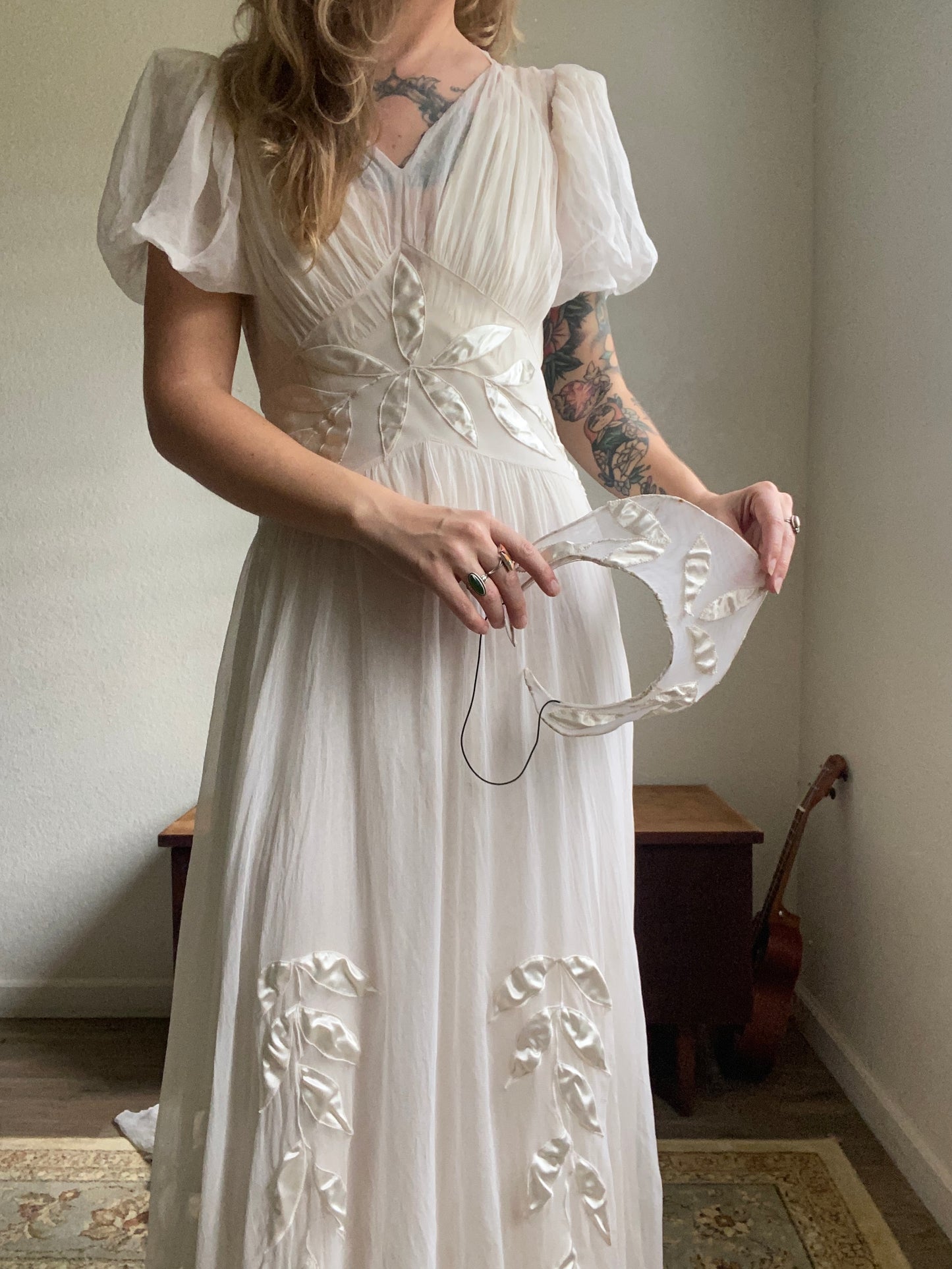1930s 2 piece net tulle wedding gown and slip XS/S