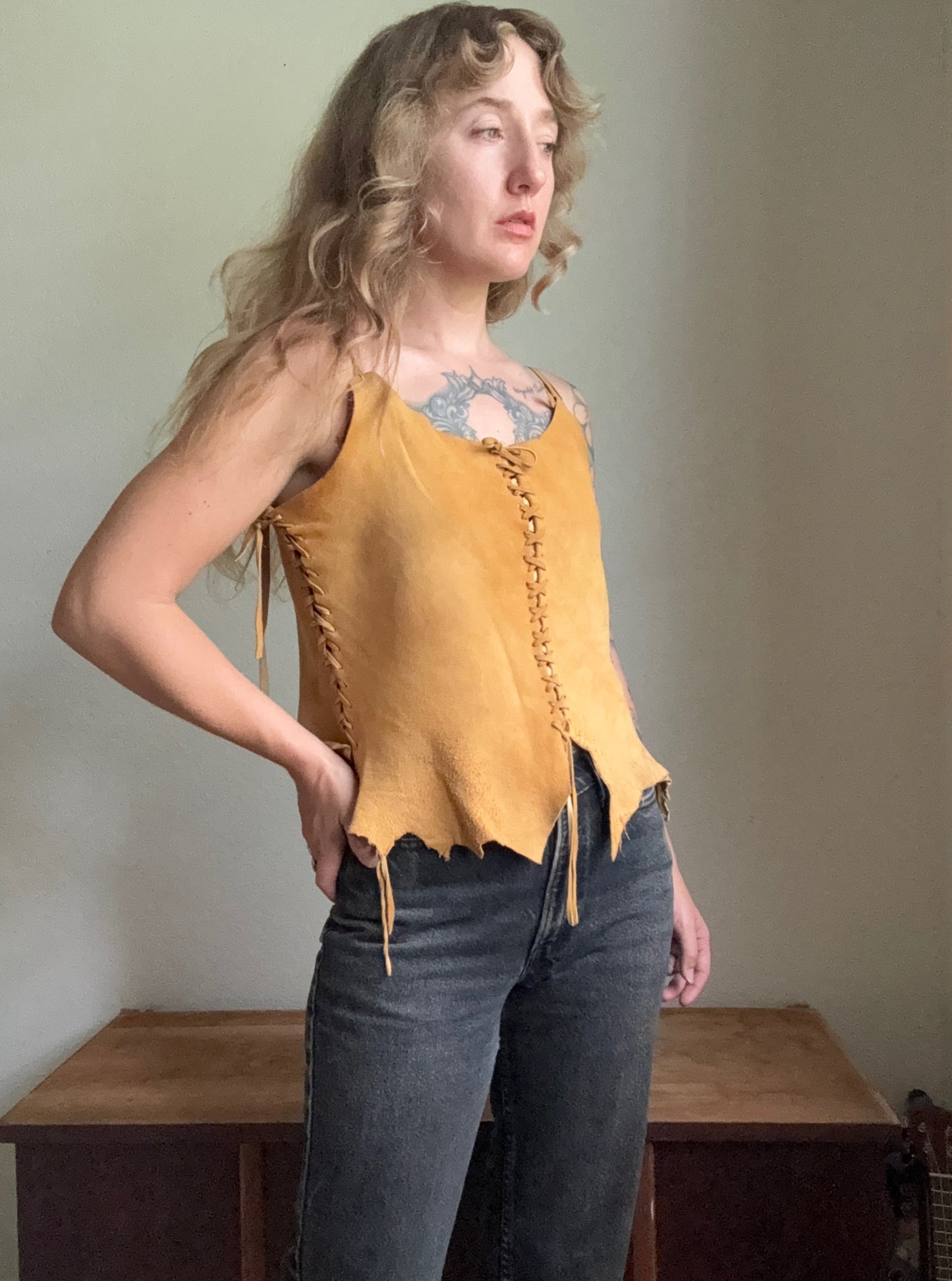1970s Buck Skin Deer Leather Tank Top Small Medium