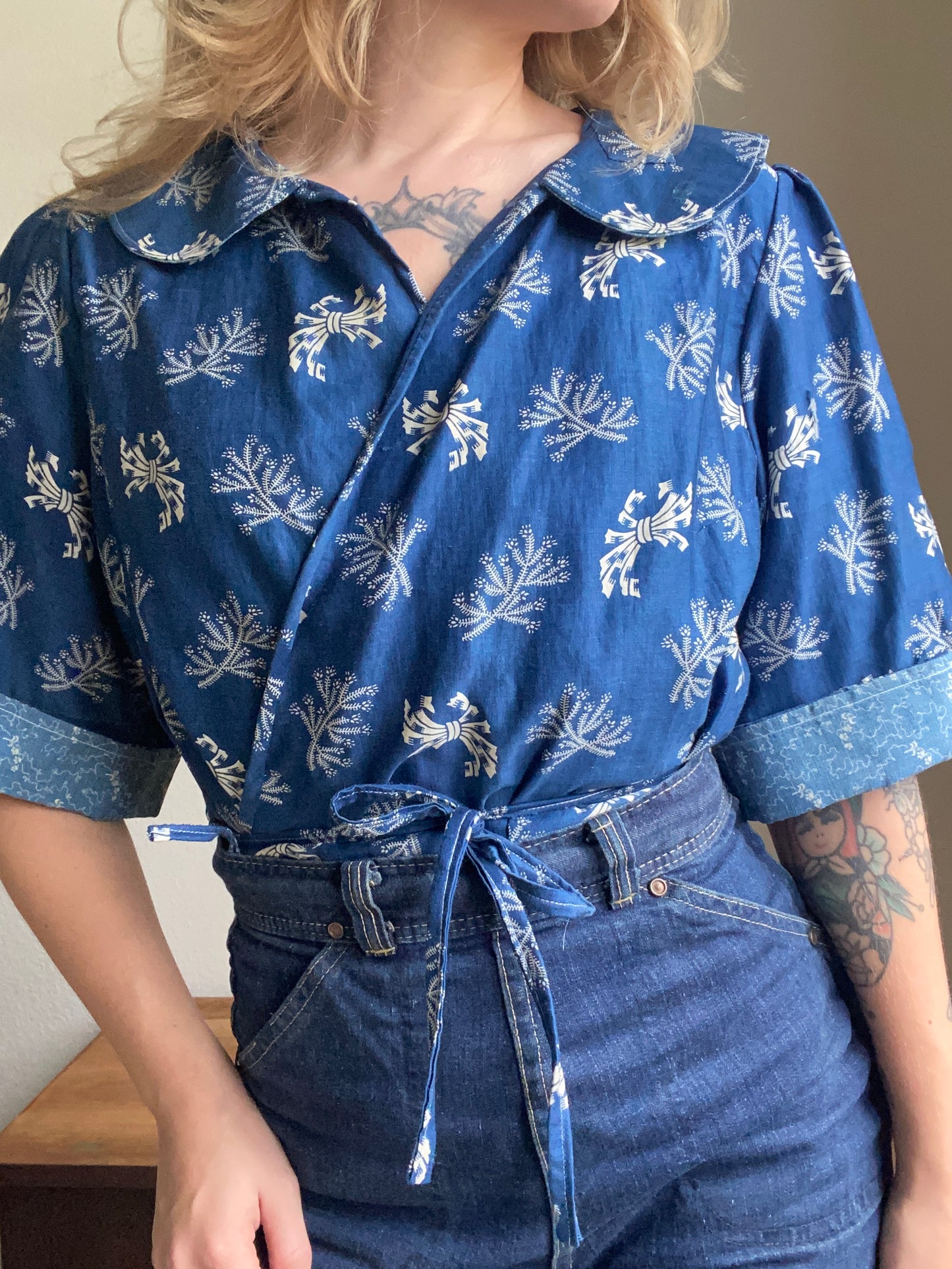Early 1900s Antique Blue Cotton Calico fabric remade Blouse by Reunion Vintage