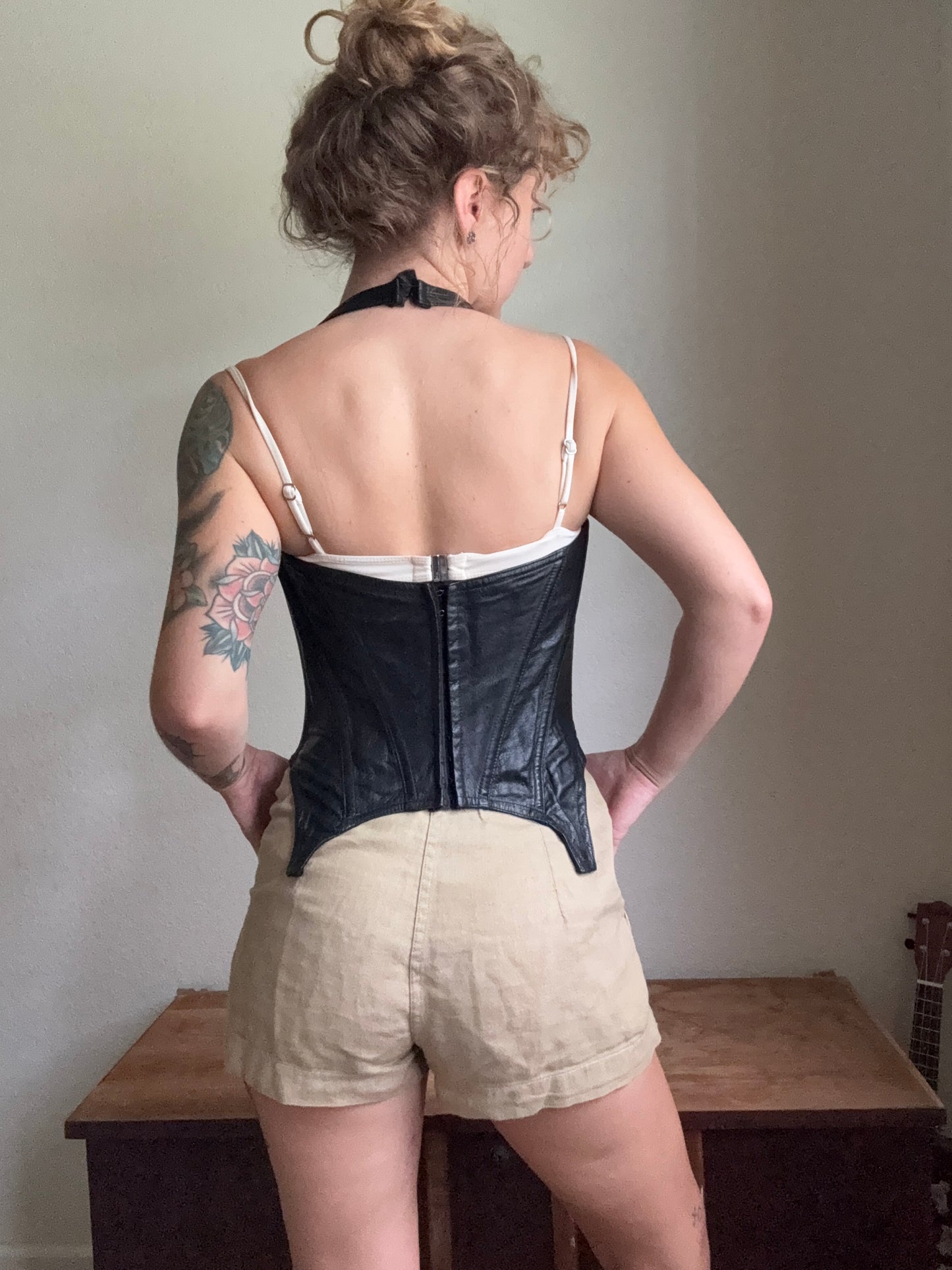 1980s Trashy Lingerie Leather Corset Bustier Halter Top Medium