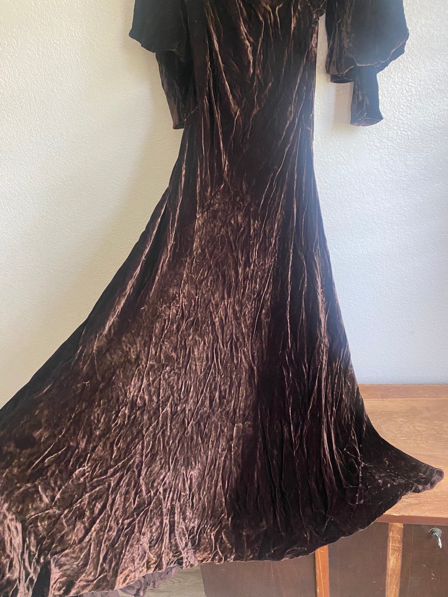 1940s Rhinestone Bias Cut Brown Velvet dress