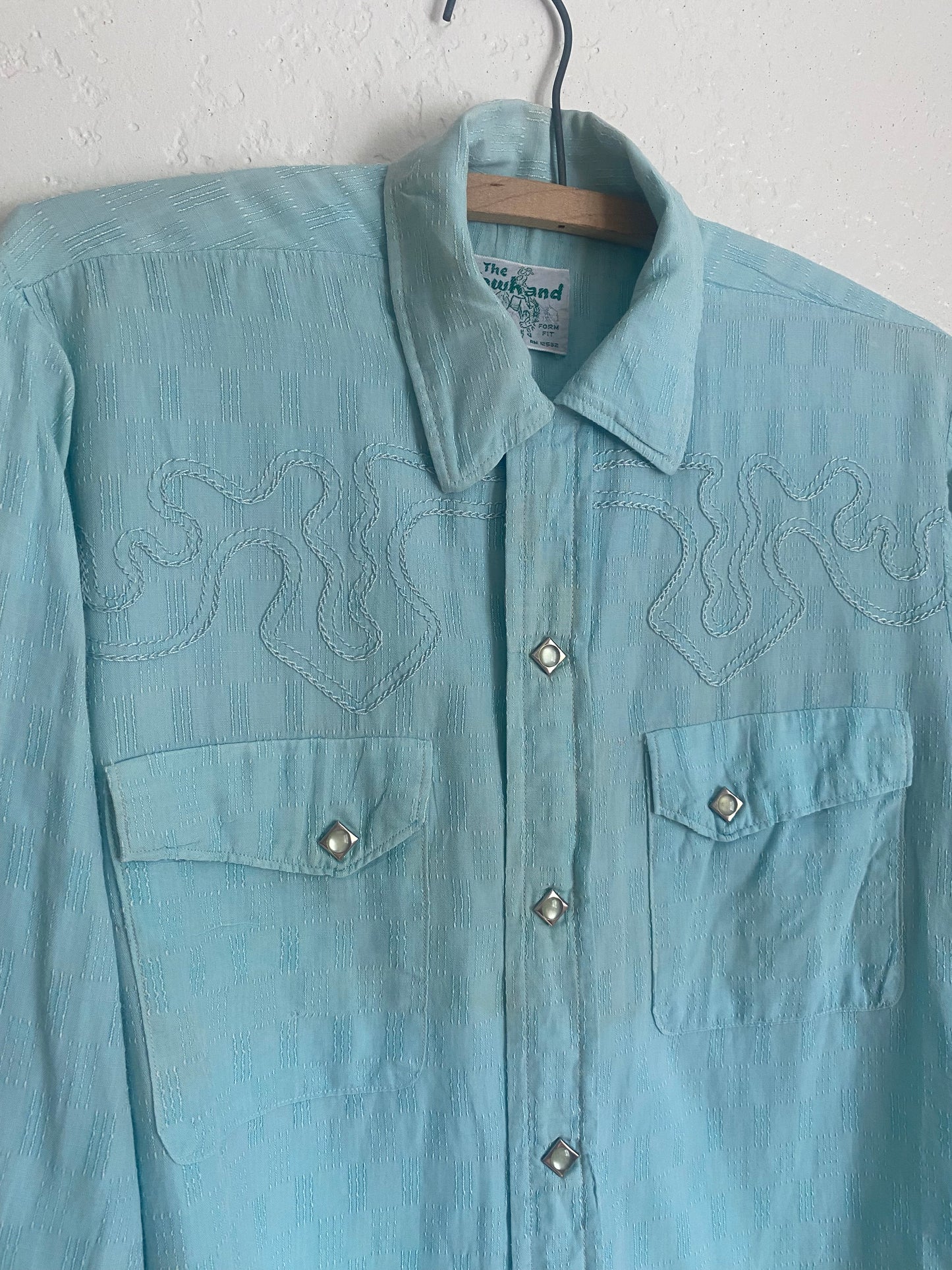 1960s The Cowhand Western chain stitch pearl snaps button up baby blue small