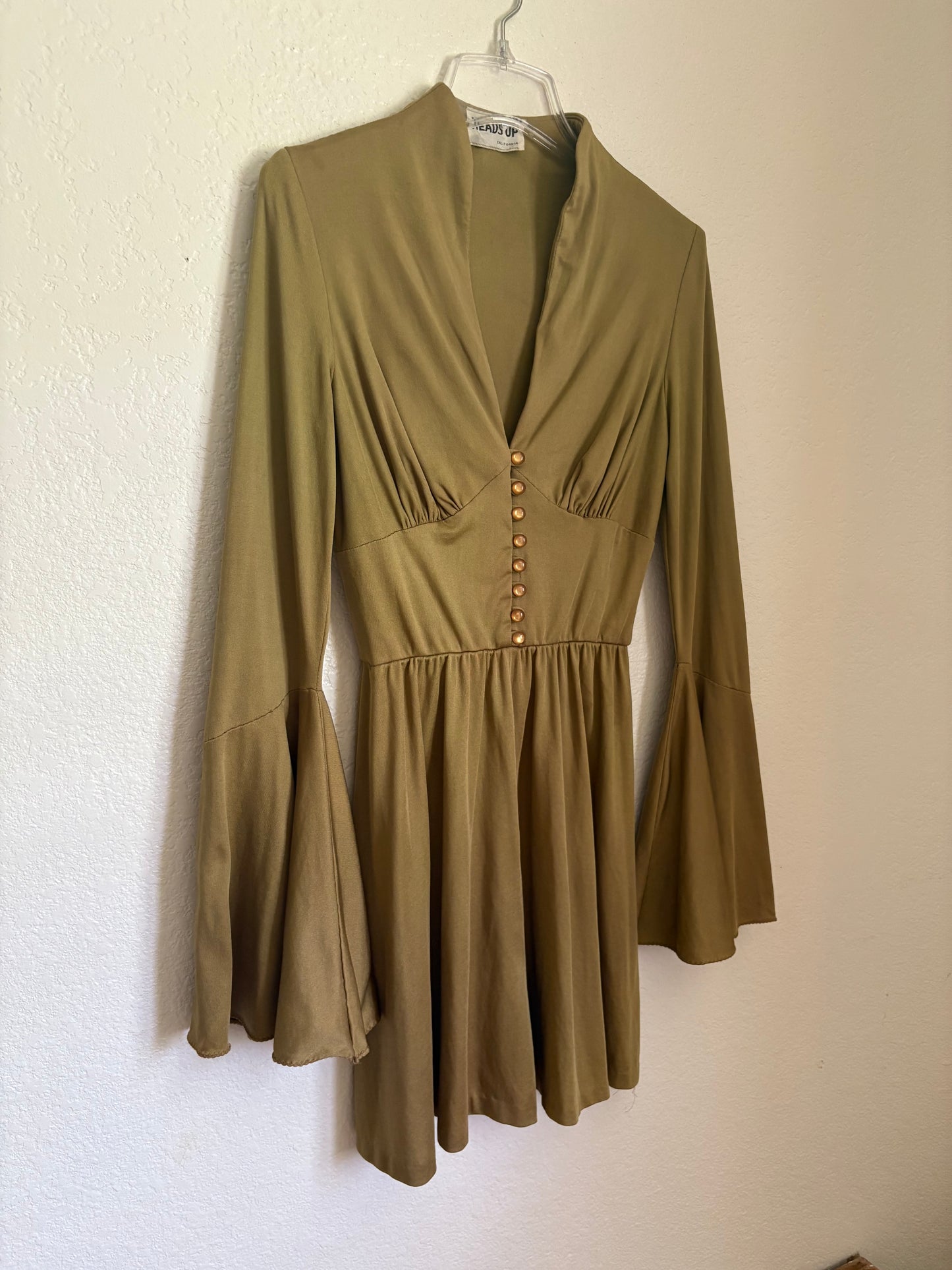 1970s Olive Green Bell Sleeve Mini Dress Medium