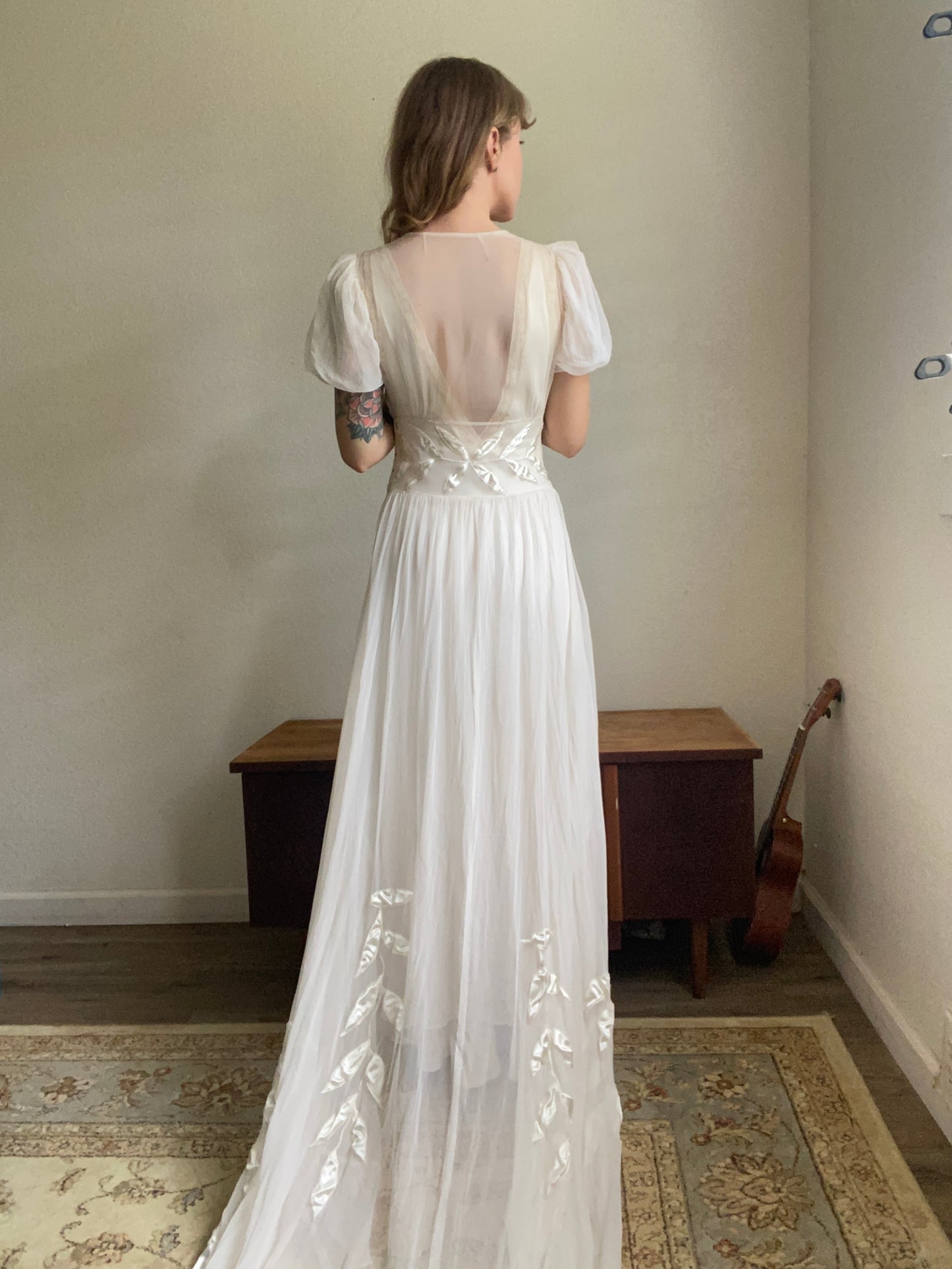 1930s 2 piece net tulle wedding gown and slip XS/S