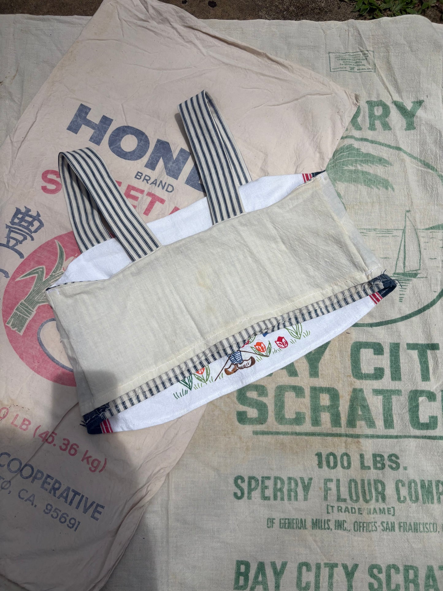 Vintage Handmade Tuesday Embroidered Tea Towel and Feed Sack Tank Top
