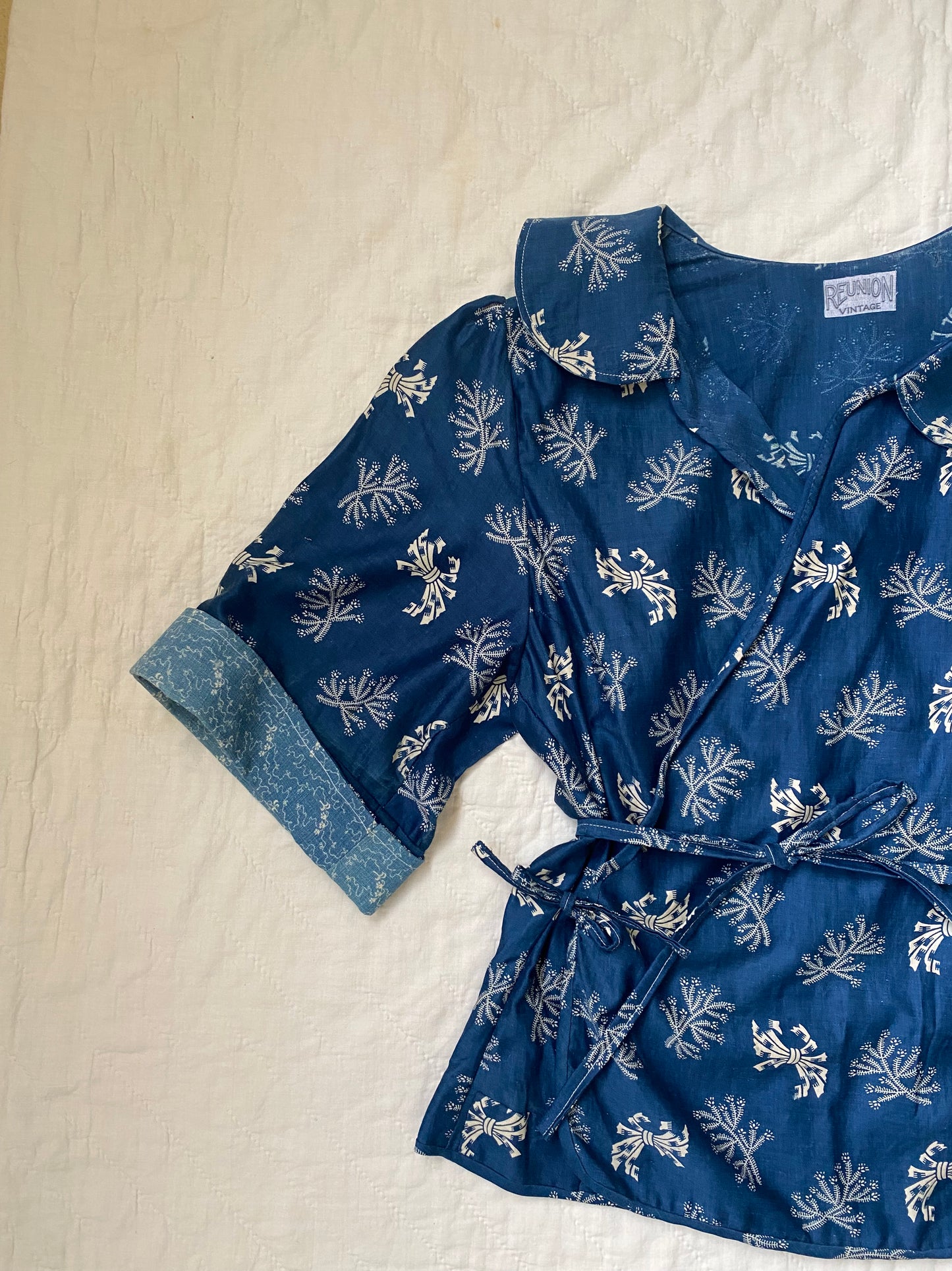 Early 1900s Antique Blue Cotton Calico fabric remade Blouse by Reunion Vintage