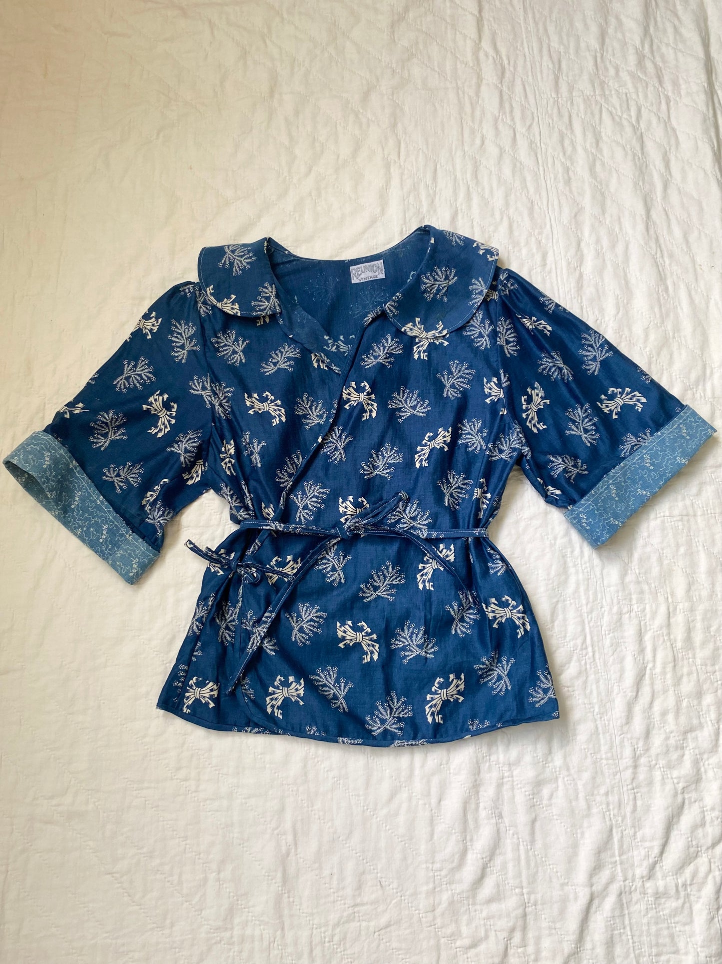 Early 1900s Antique Blue Cotton Calico fabric remade Blouse by Reunion Vintage