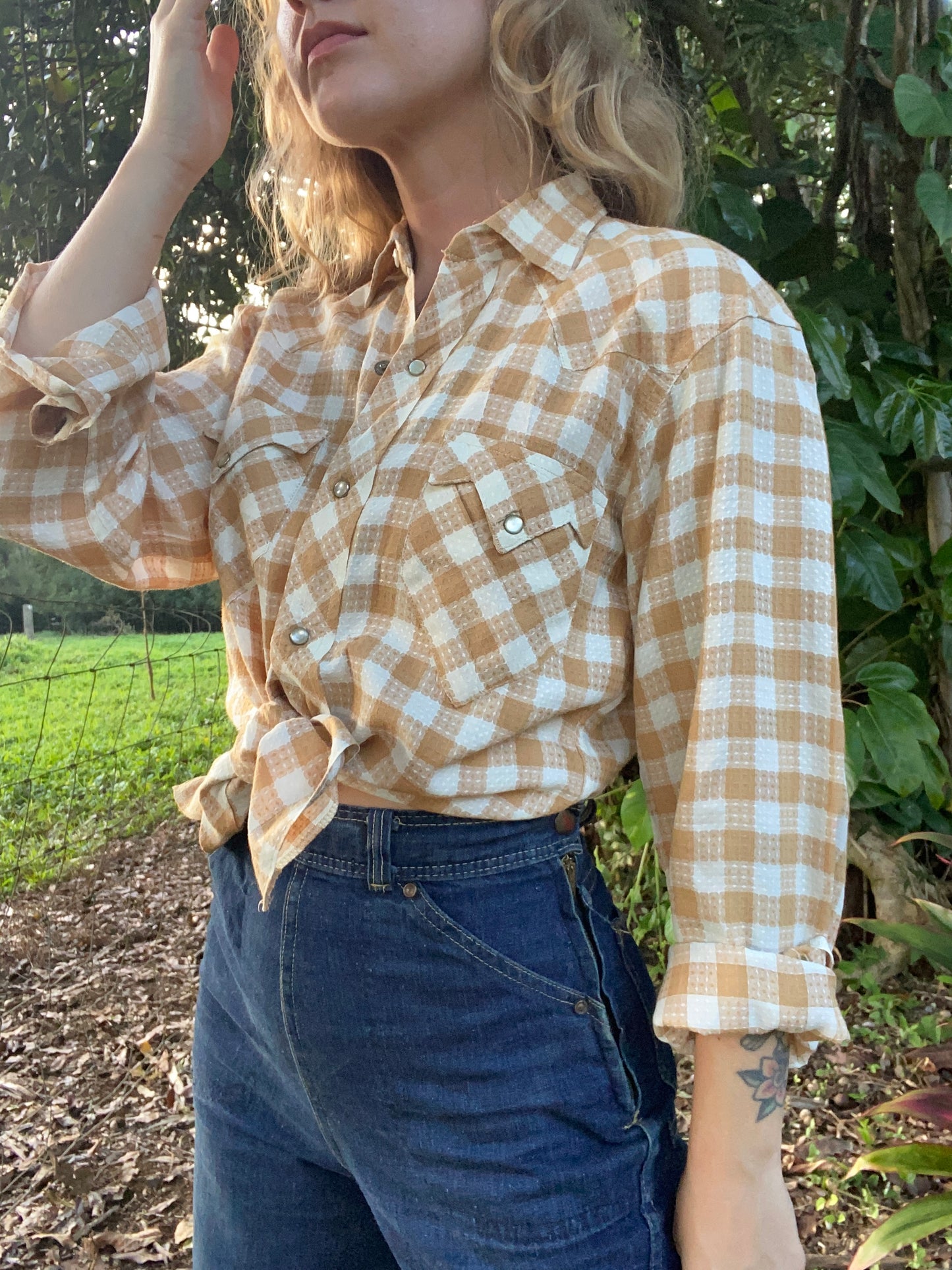 1950s Miller Western Wear sawtooth pearl snap plaid button up shirt Small/ Medium