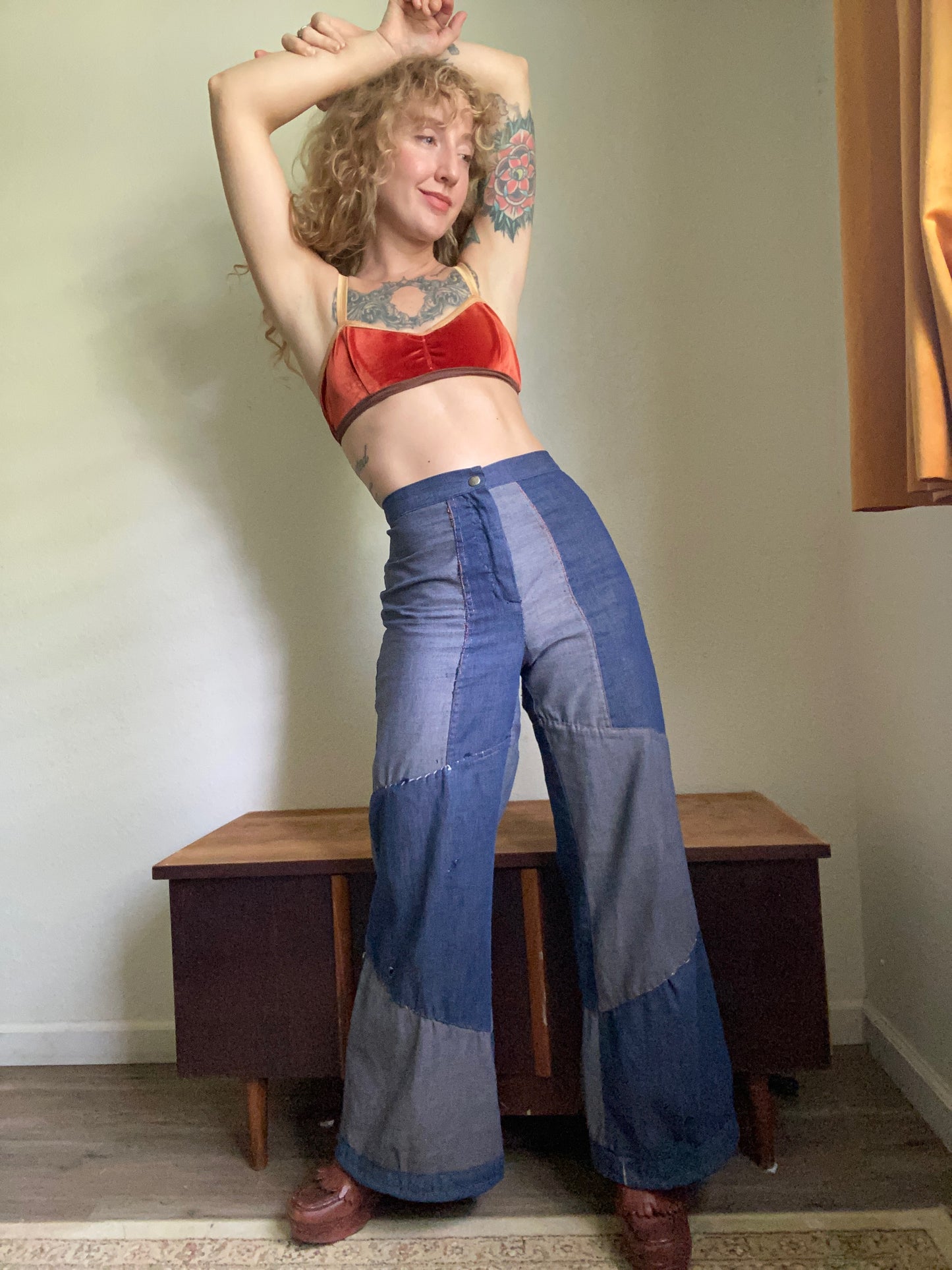 1970s Patchwork denim wide leg jeans 29” waist