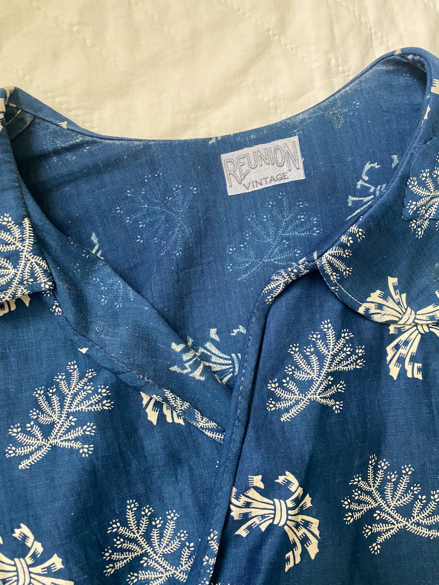 Early 1900s Antique Blue Cotton Calico fabric remade Blouse by Reunion Vintage