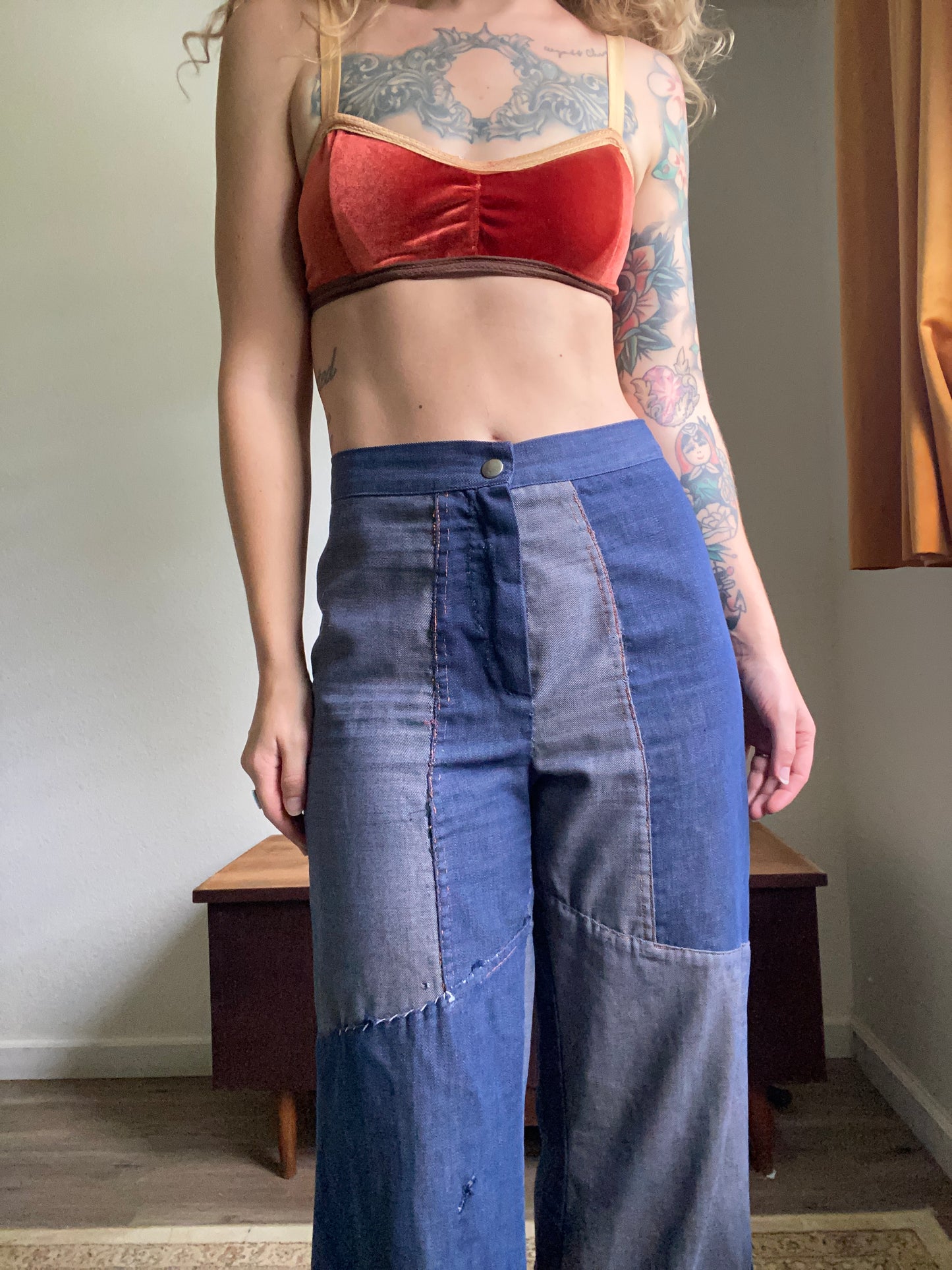 1970s Patchwork denim wide leg jeans 29” waist