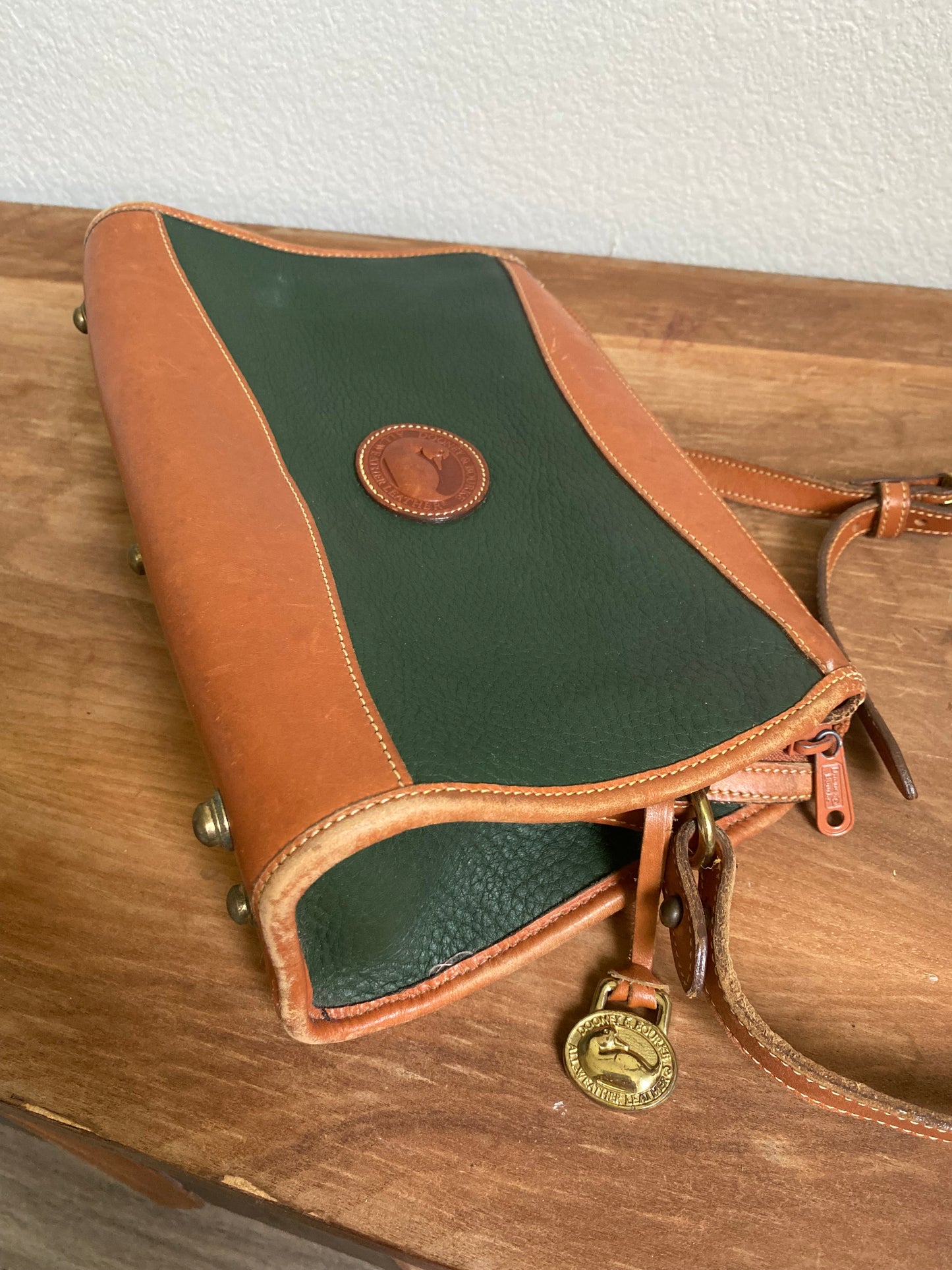 Vintage Dooney & Bourke Green and Tan Brown Leather Crossbody Bag Purse