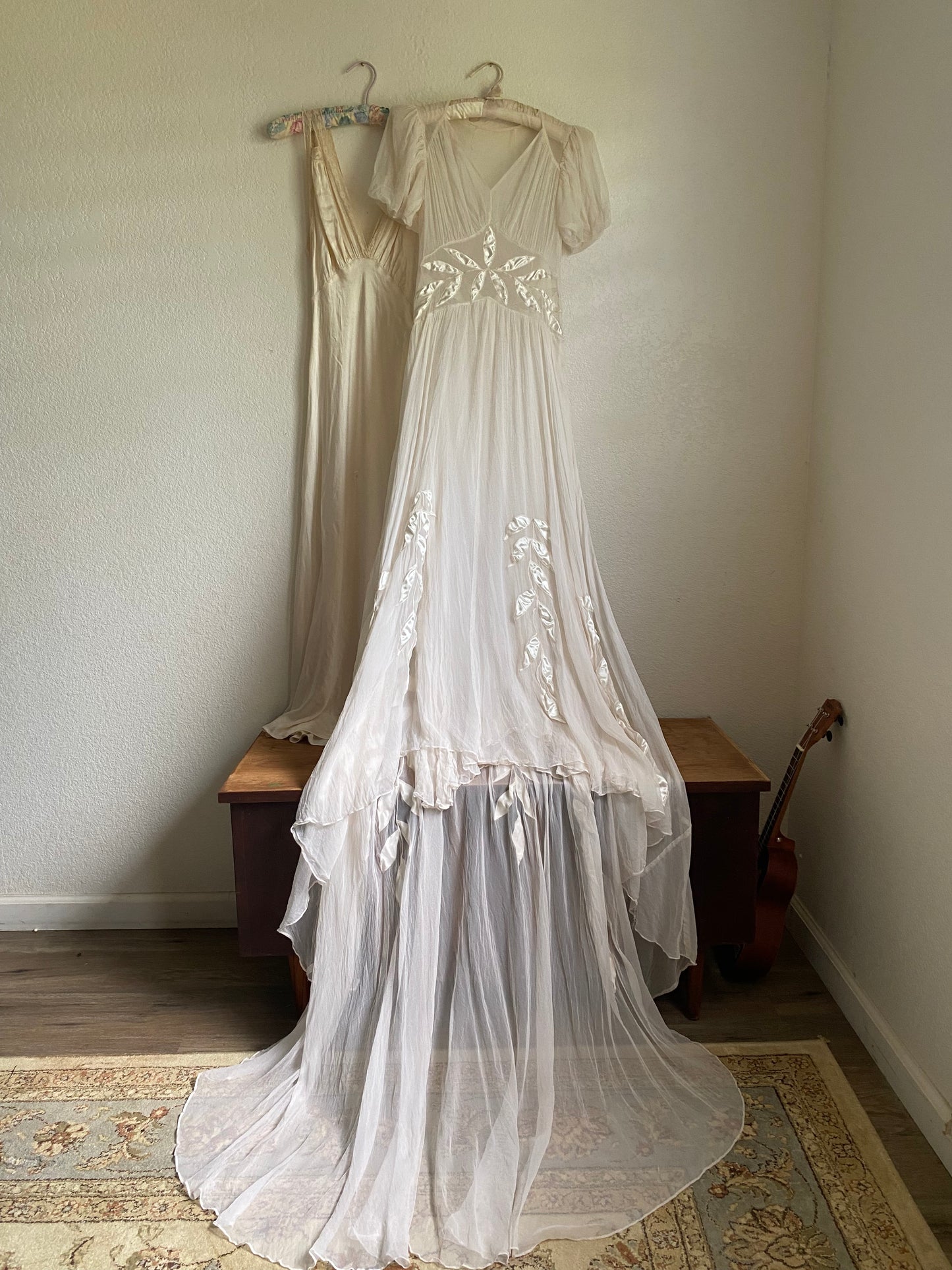 1930s 2 piece net tulle wedding gown and slip XS/S