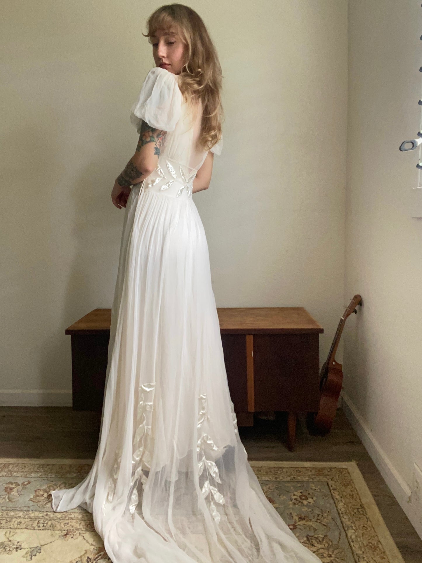 1930s 2 piece net tulle wedding gown and slip XS/S