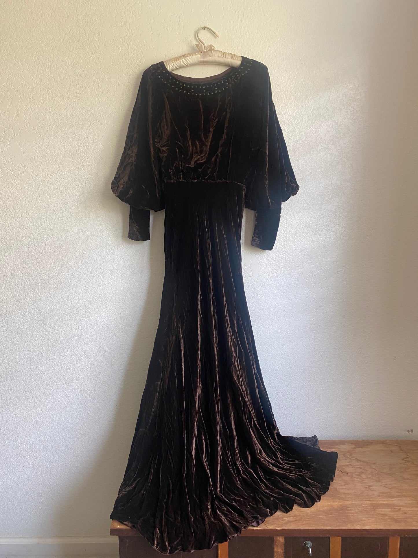 1940s Rhinestone Bias Cut Brown Velvet dress