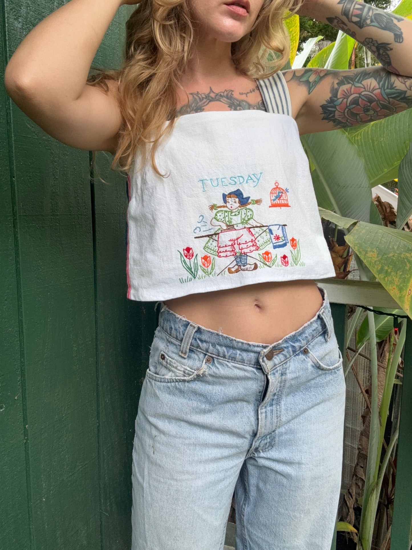 Vintage Handmade Tuesday Embroidered Tea Towel and Feed Sack Tank Top