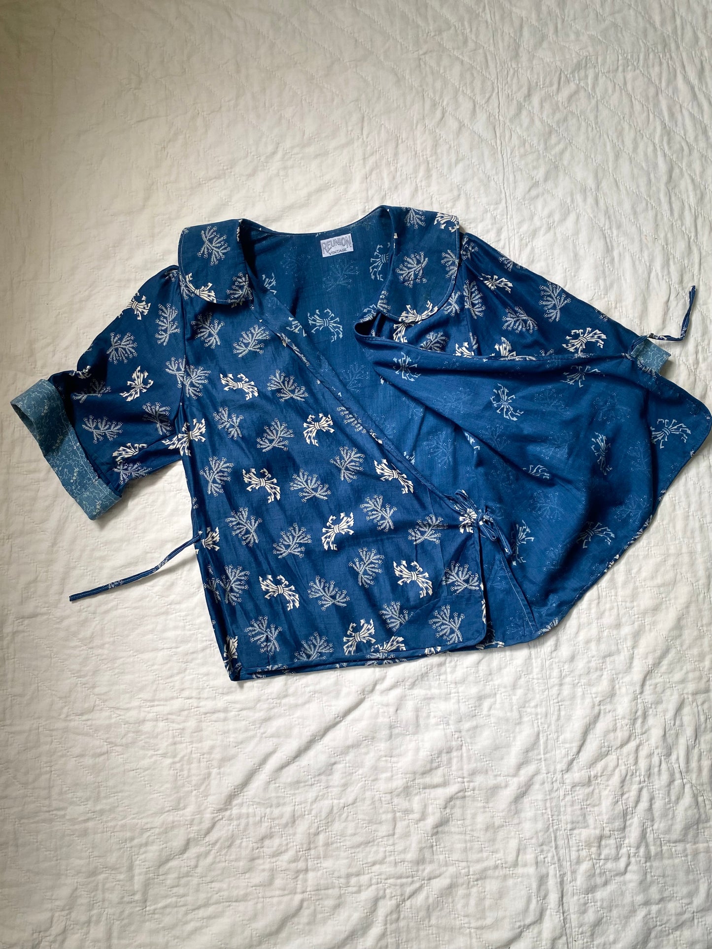 Early 1900s Antique Blue Cotton Calico fabric remade Blouse by Reunion Vintage
