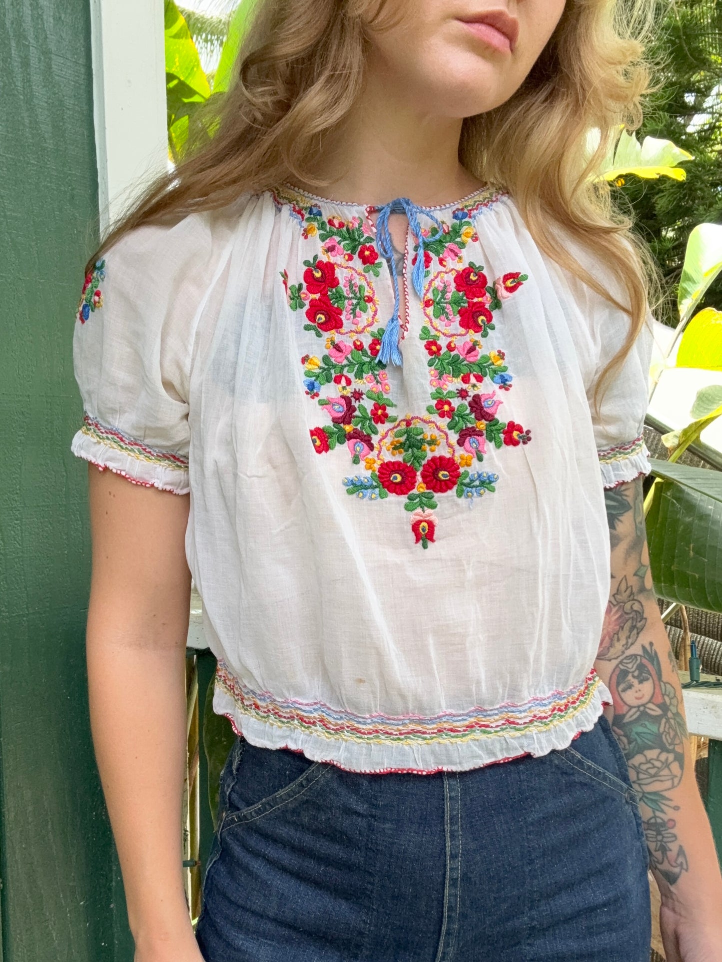 1930s or 1940s Hungarian Embroidered Gauze Cotton Blouse