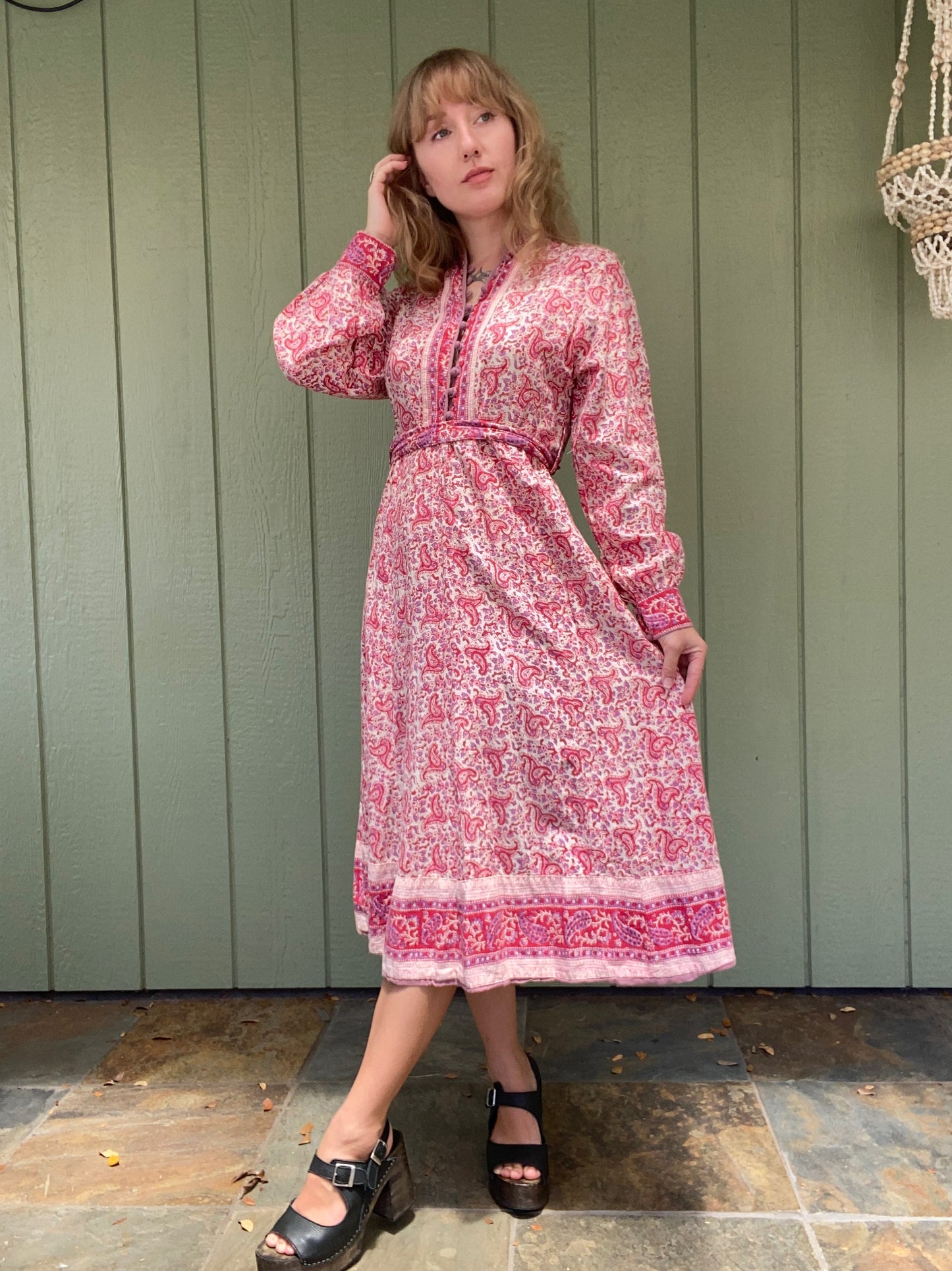 1970s Indian Cotton Paisley Block Print Dress