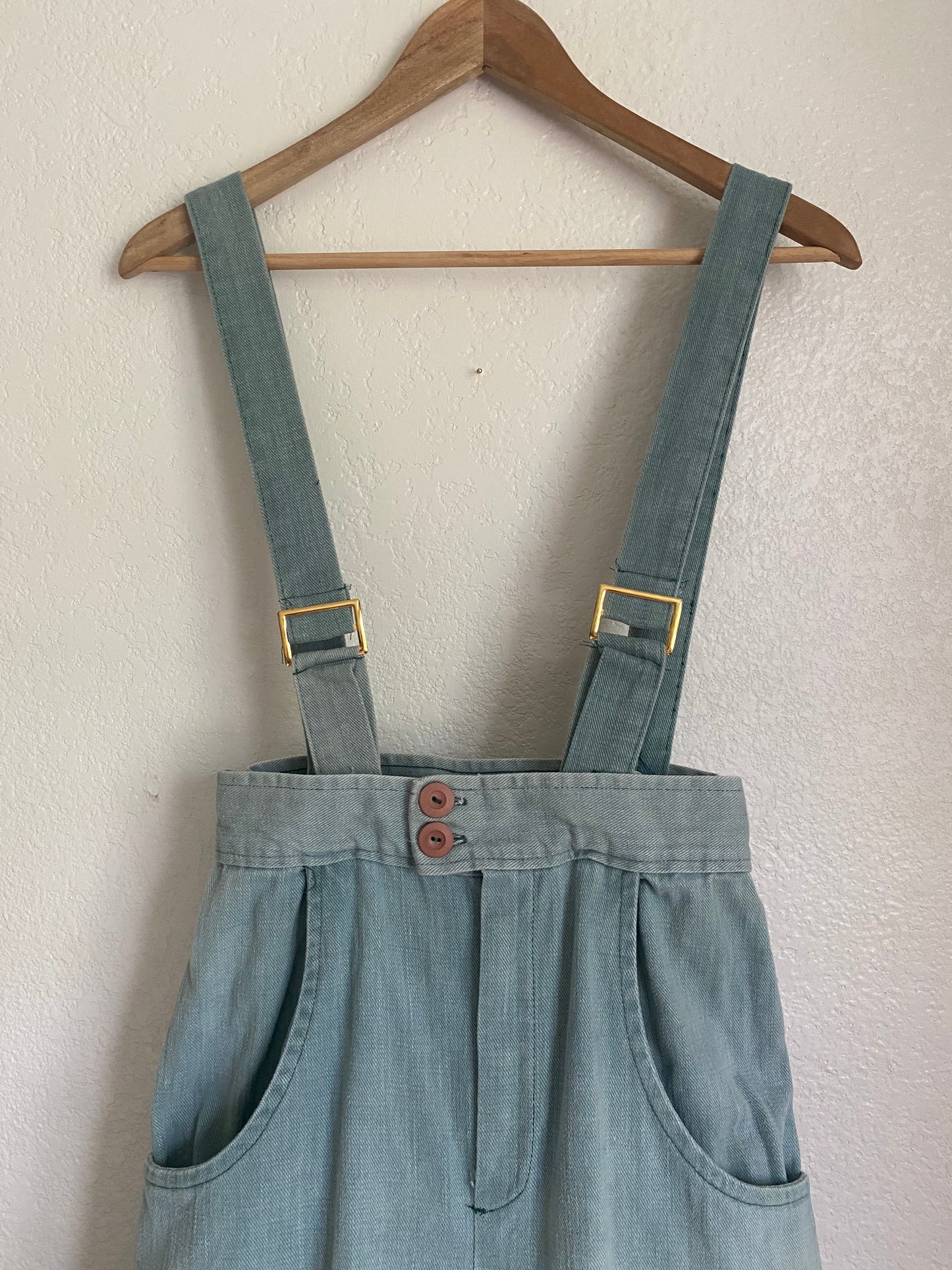 1970s Green Denim Suspender Bellbottom jumpsuit