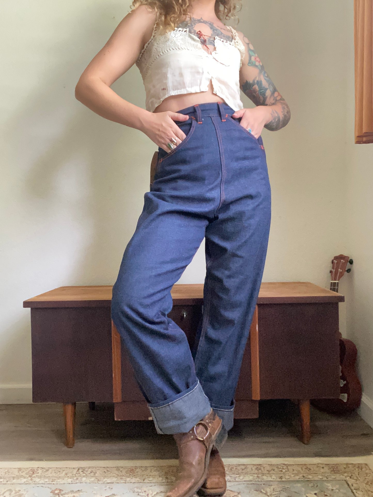 1950s Blue Gem Deadstock side zip jeans 24 x 31