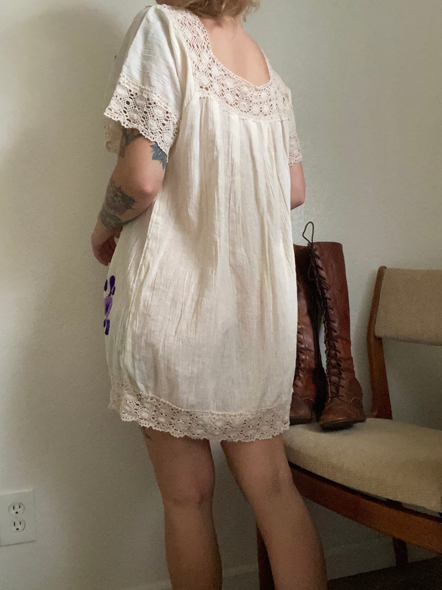 1970s Gauze Cotton Floral Embroidered Mini Dress