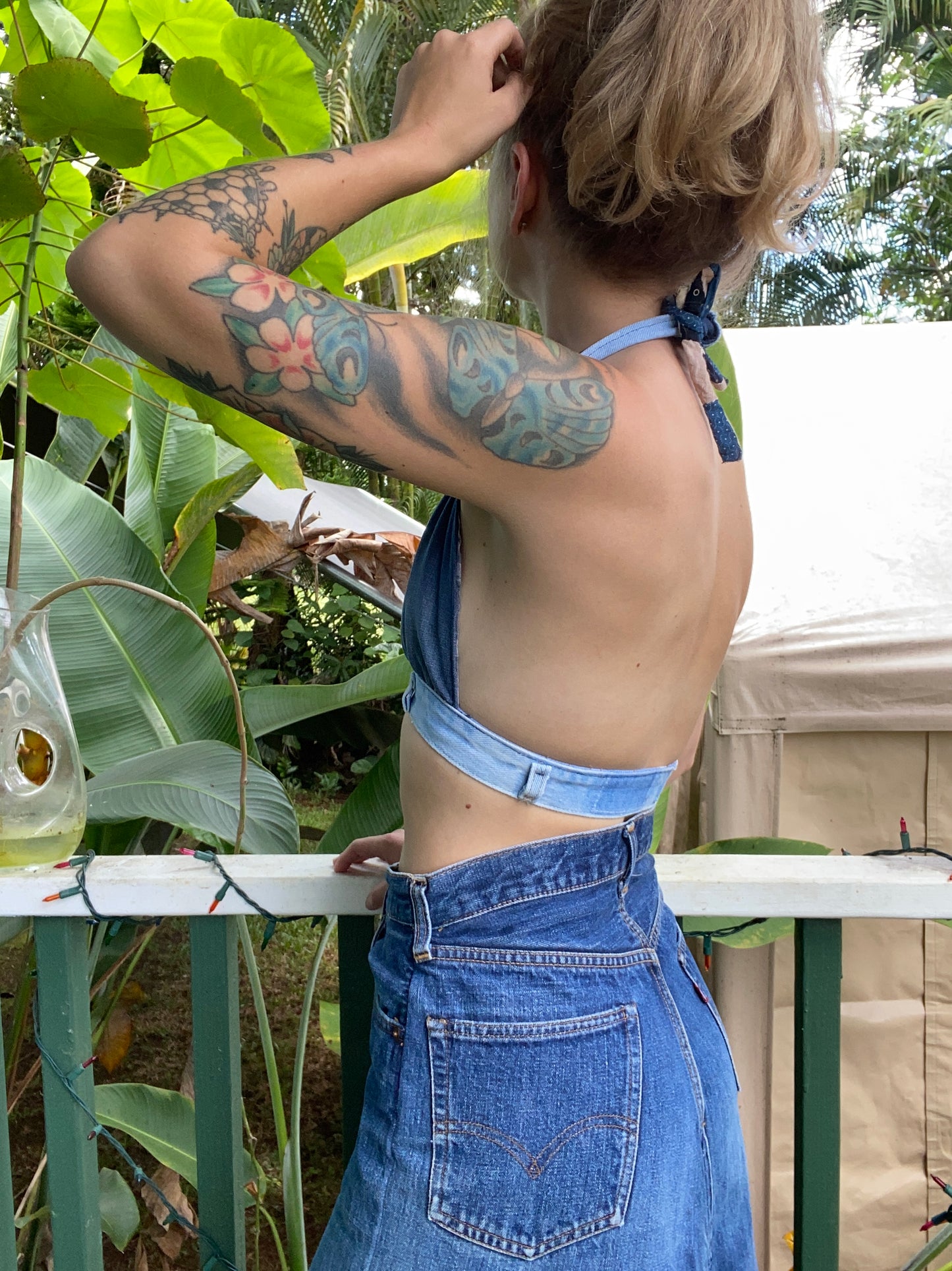 Hand made 1970s style denim halter top bra xs