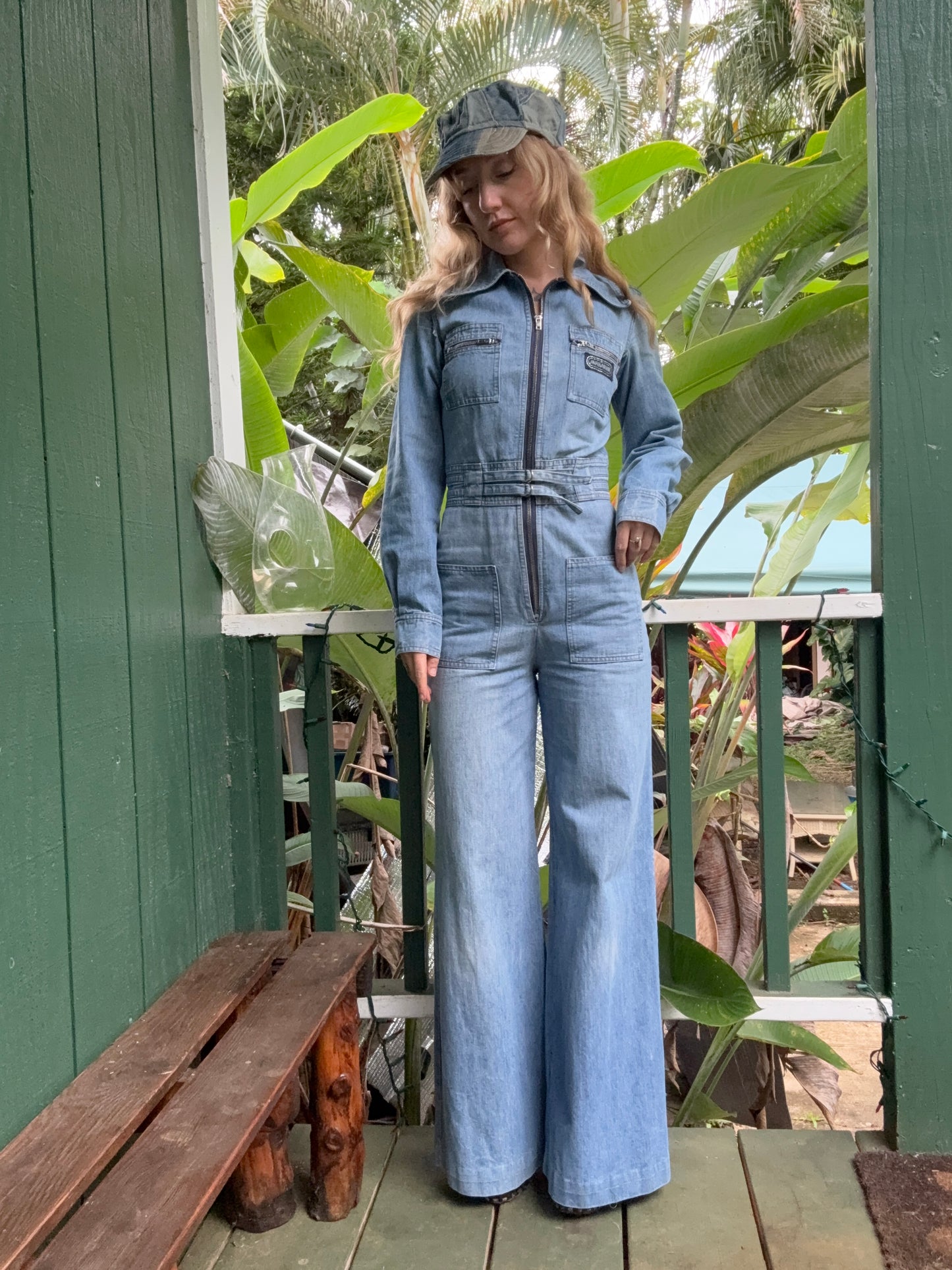 1970s Long Sleeve Bell Bottom Denim Jumpsuit Mr Berrie