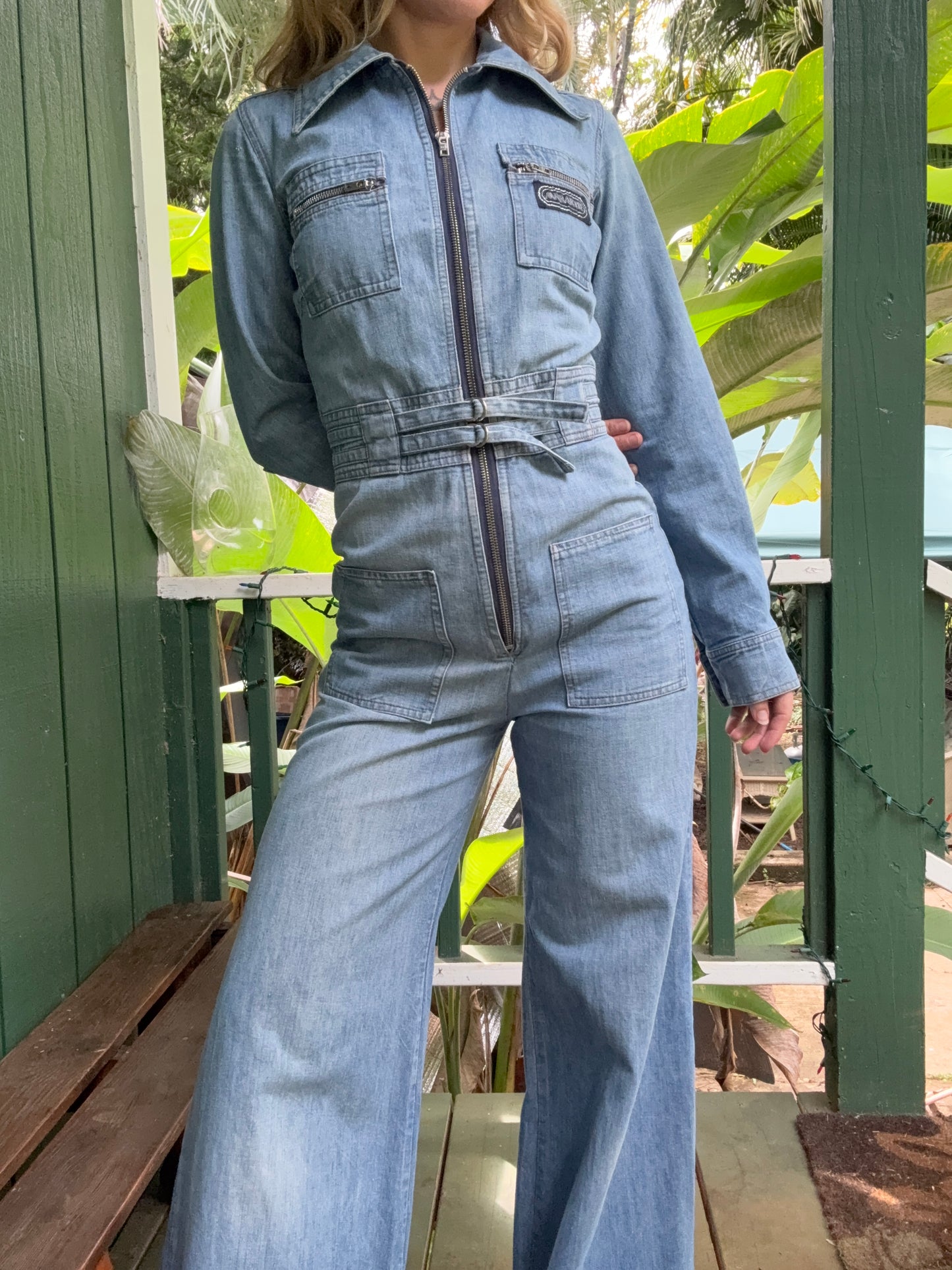 1970s Long Sleeve Bell Bottom Denim Jumpsuit Mr Berrie