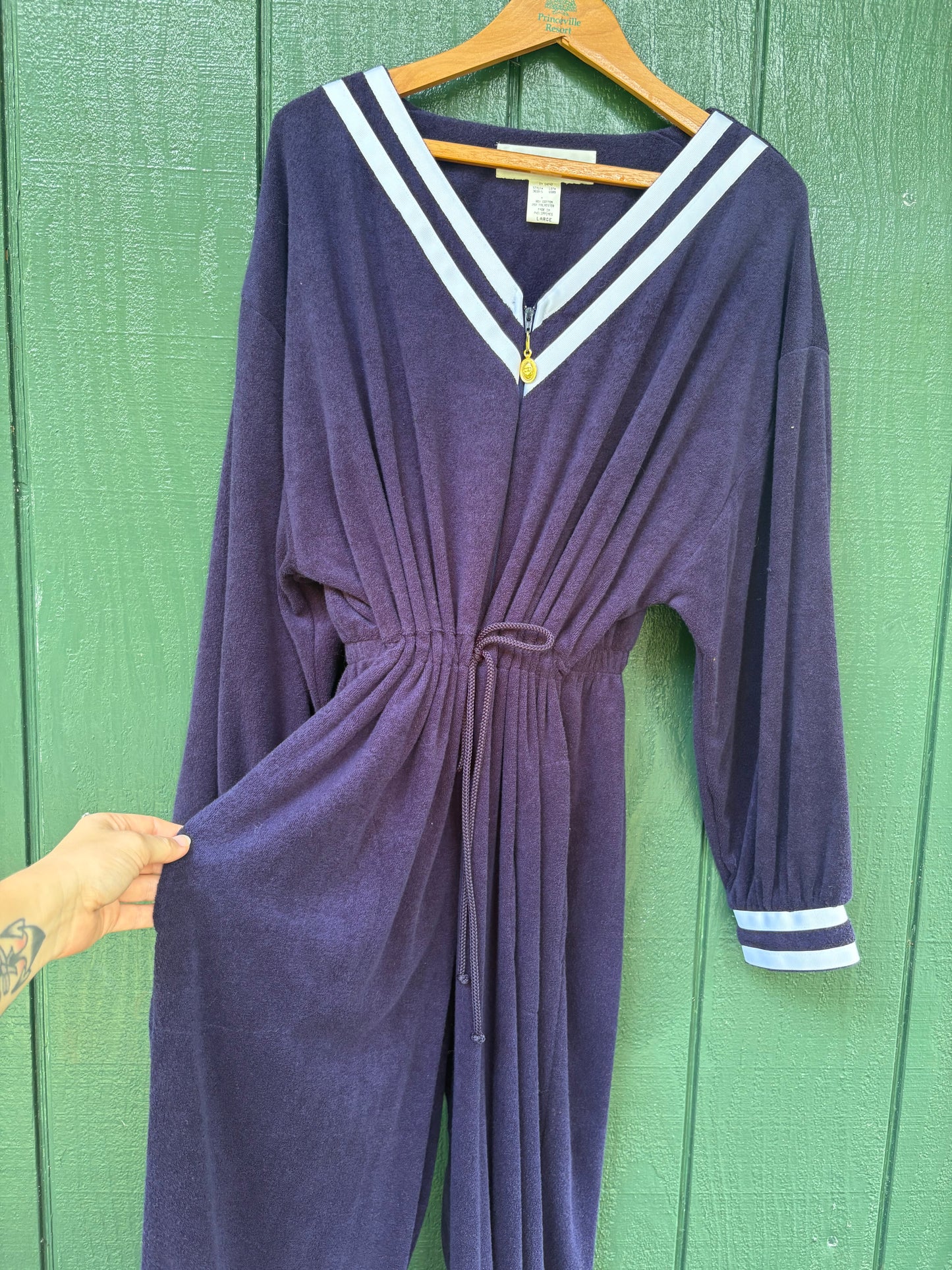 1980s Nautical Christian Dior Terry Cloth Jumpsuit Navy Large