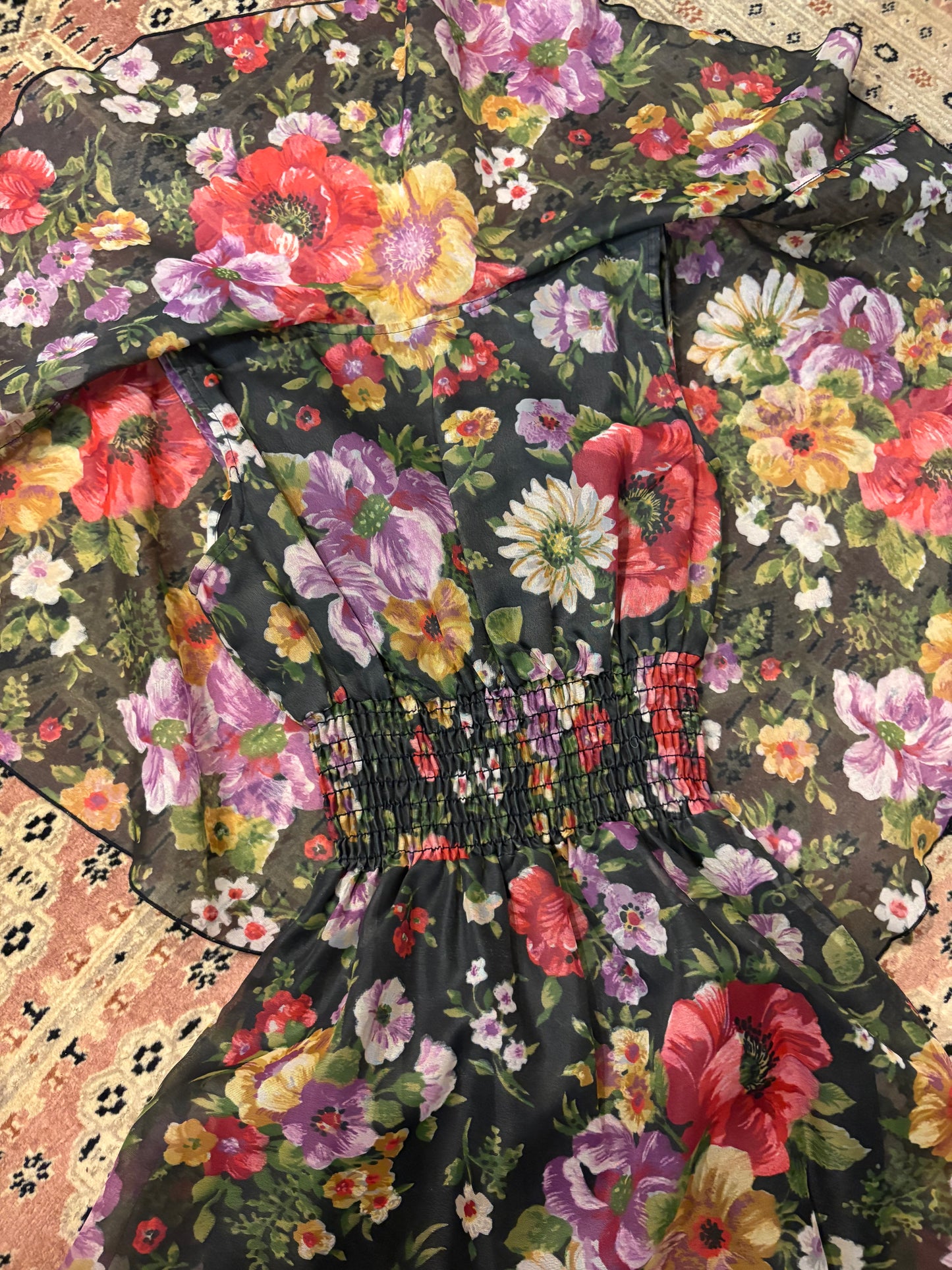 1970s Poppy Floral Print Shawl Maxi Dress Small Long