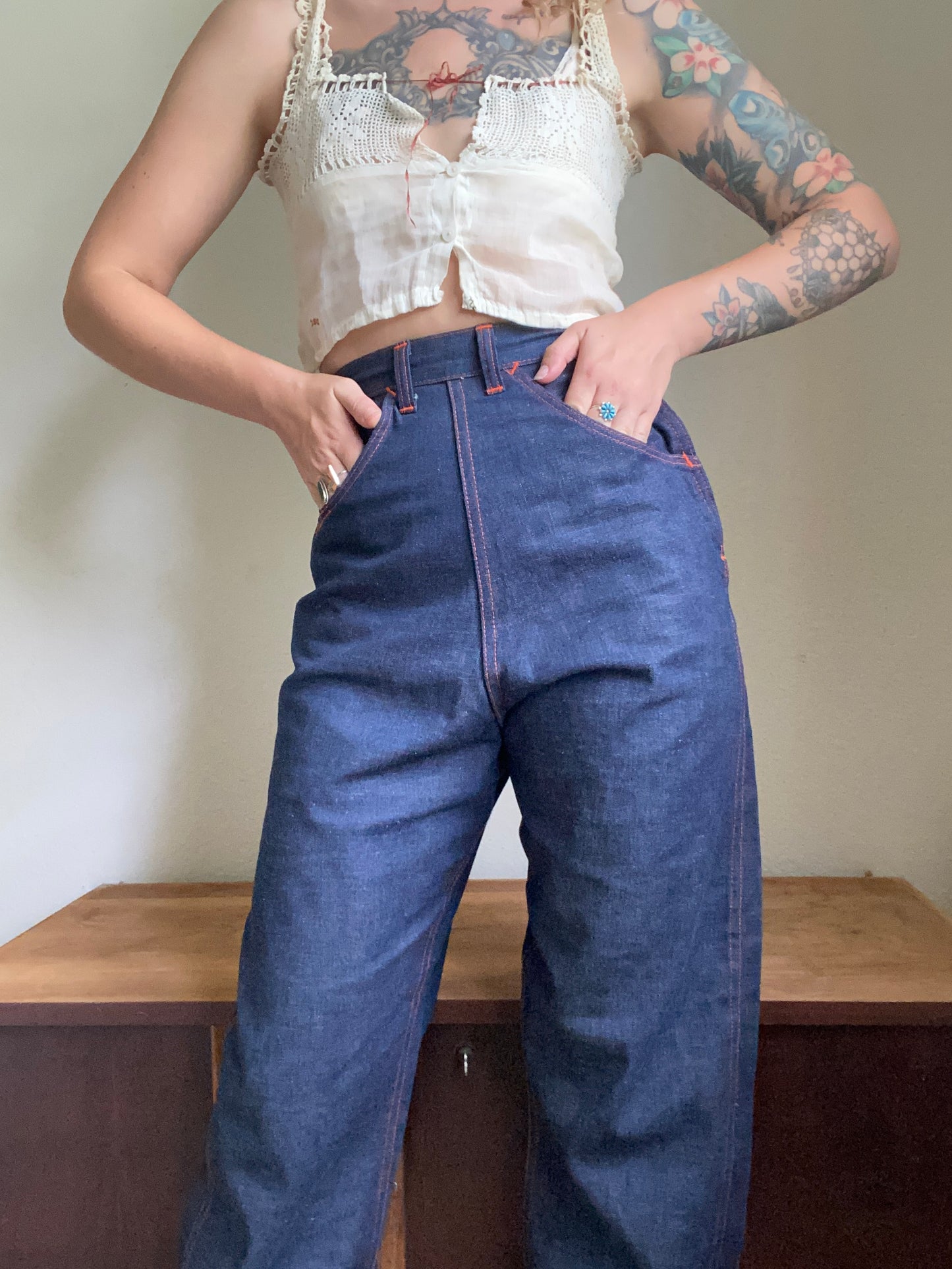 1950s Blue Gem Deadstock side zip jeans 24 x 31