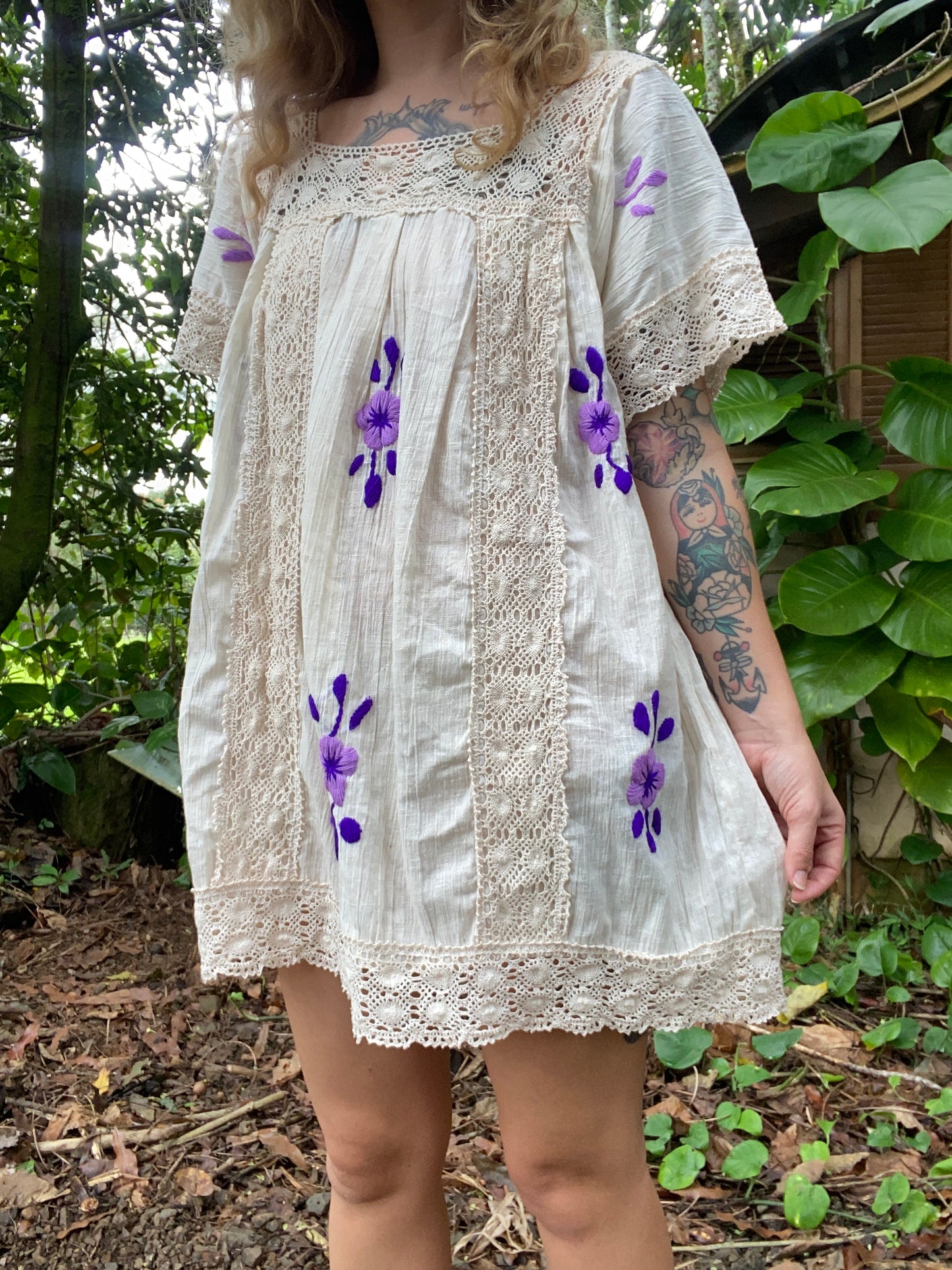 1970s Gauze Cotton Floral Embroidered Mini Dress