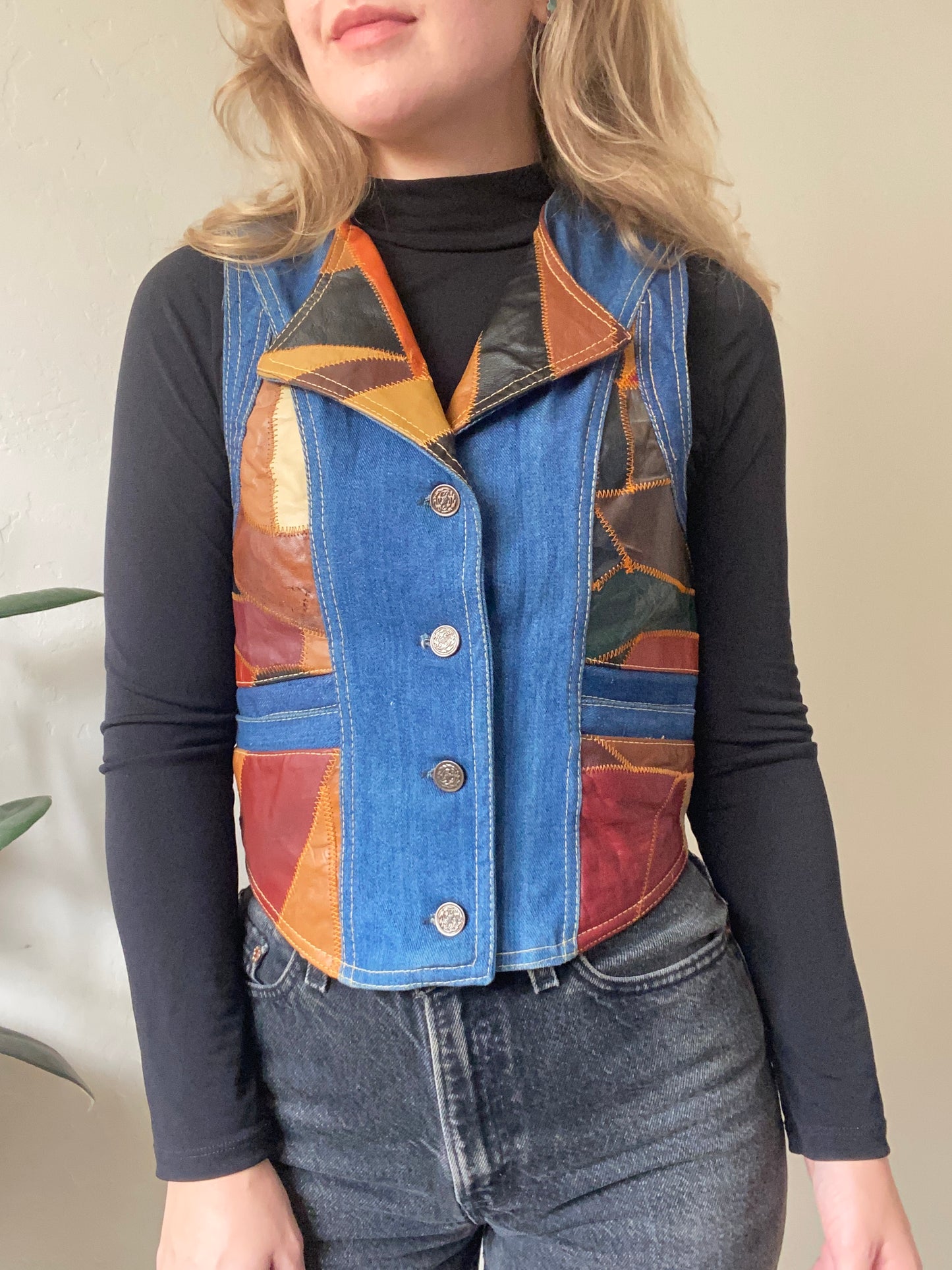 1970s Aura Patchwork Leather and Denim vest