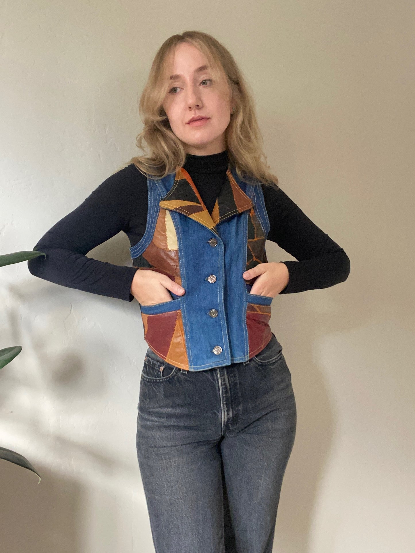 1970s Aura Patchwork Leather and Denim vest