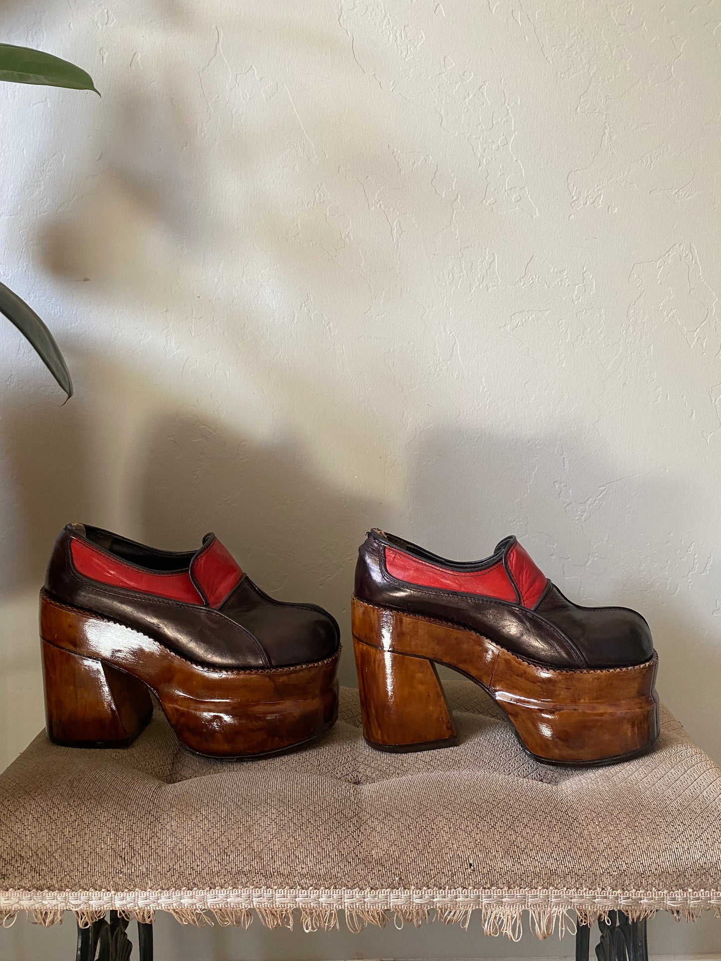 1970s Multicolor Leather Wooden Platform Shoes