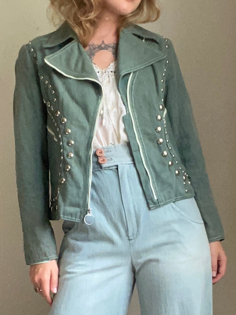 1970s Gina Teresa Studded Roncelli Style Green Denim Jacket