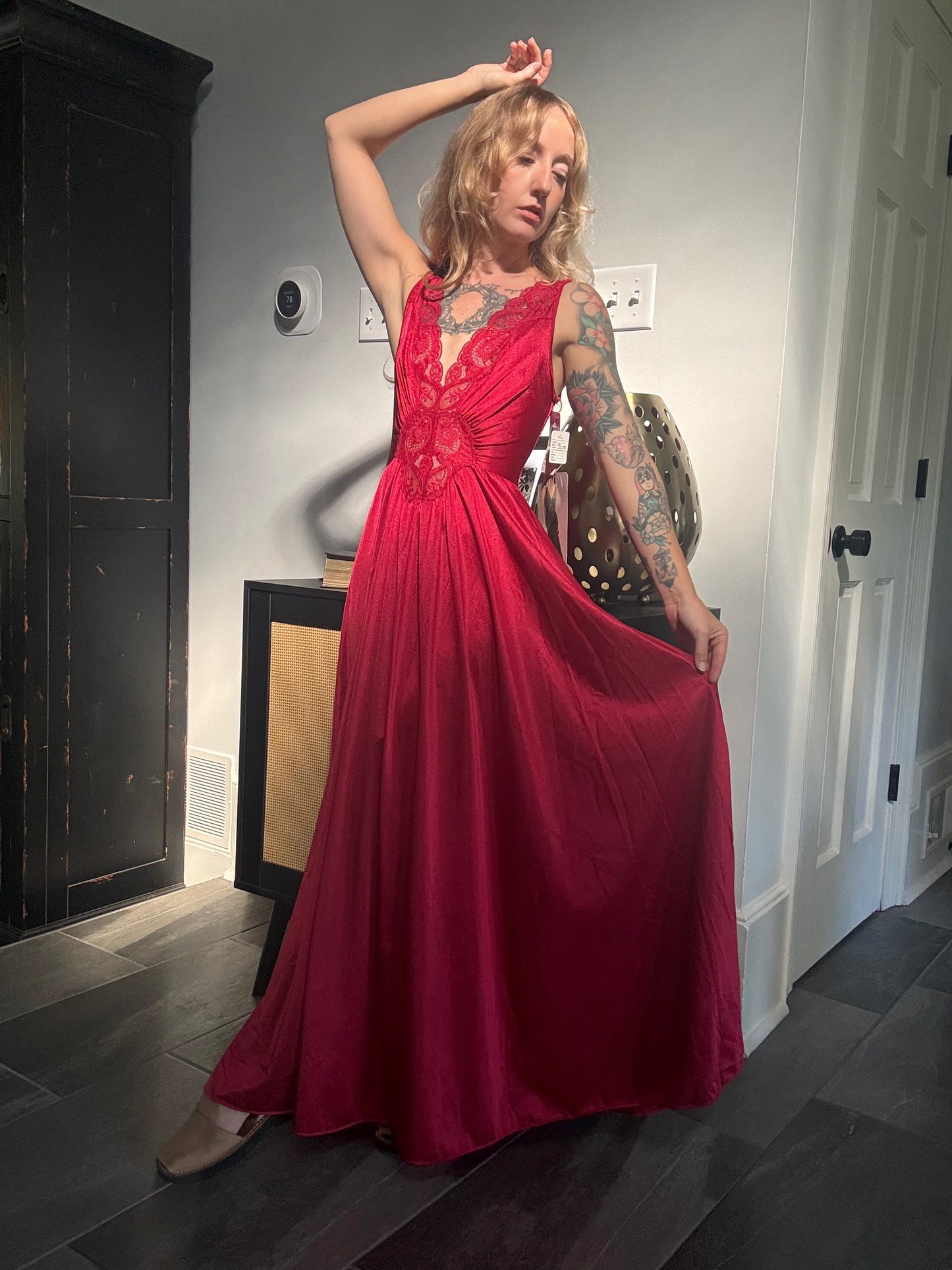 Deadstock 1980s Crimson Red Olga Gown 92280 Medium