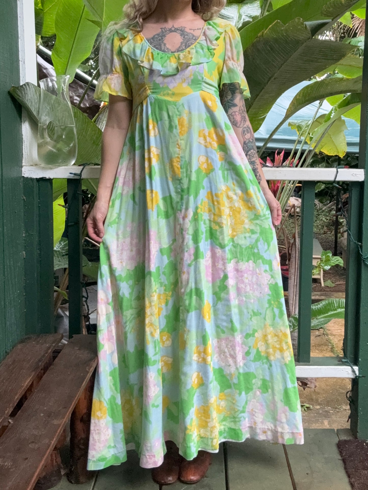 1970s Spring Floral Cotton floor-length Prairie Dress XS/Small