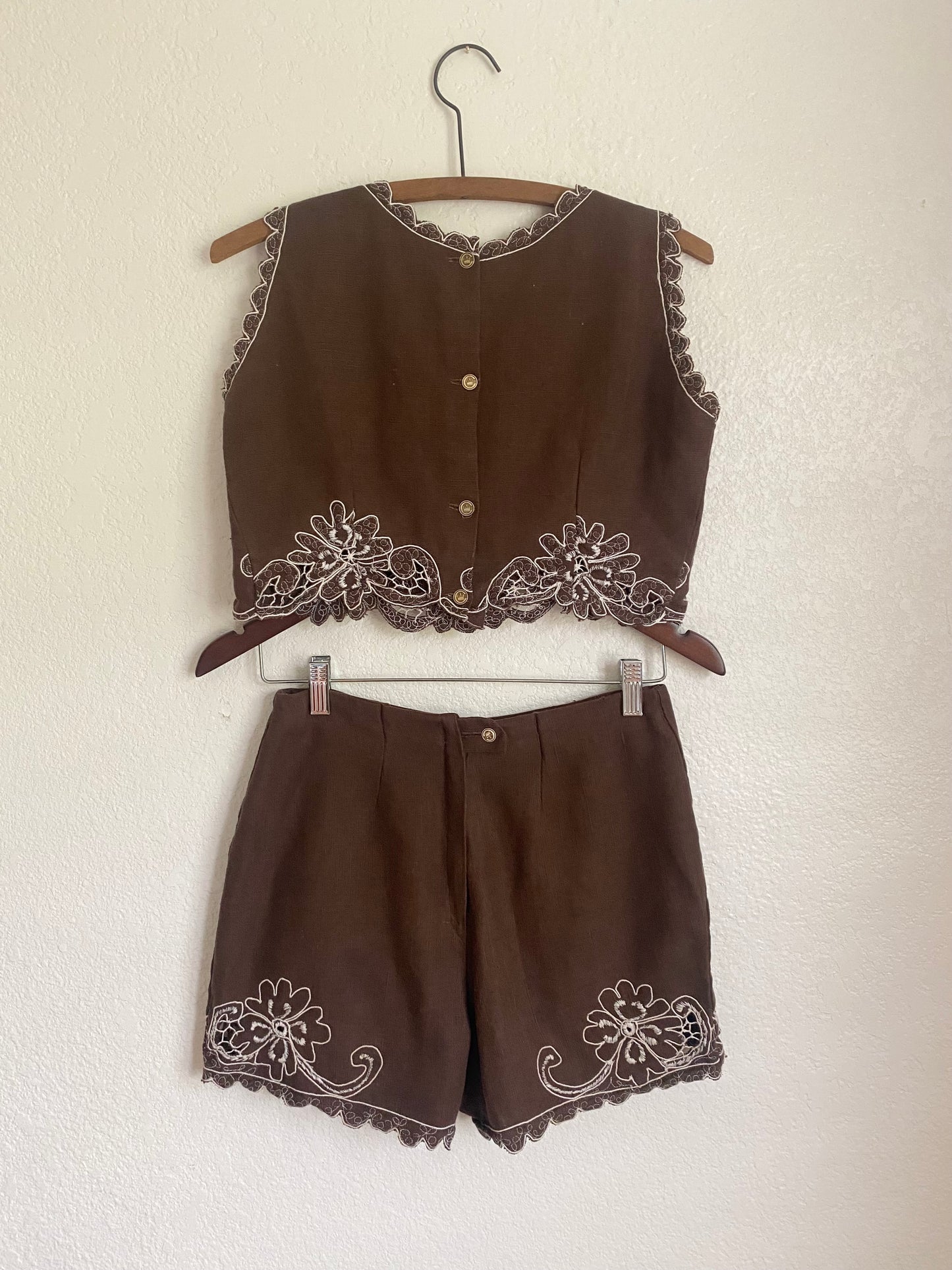 1950s or 1960s matching shorts set with floral embroidery