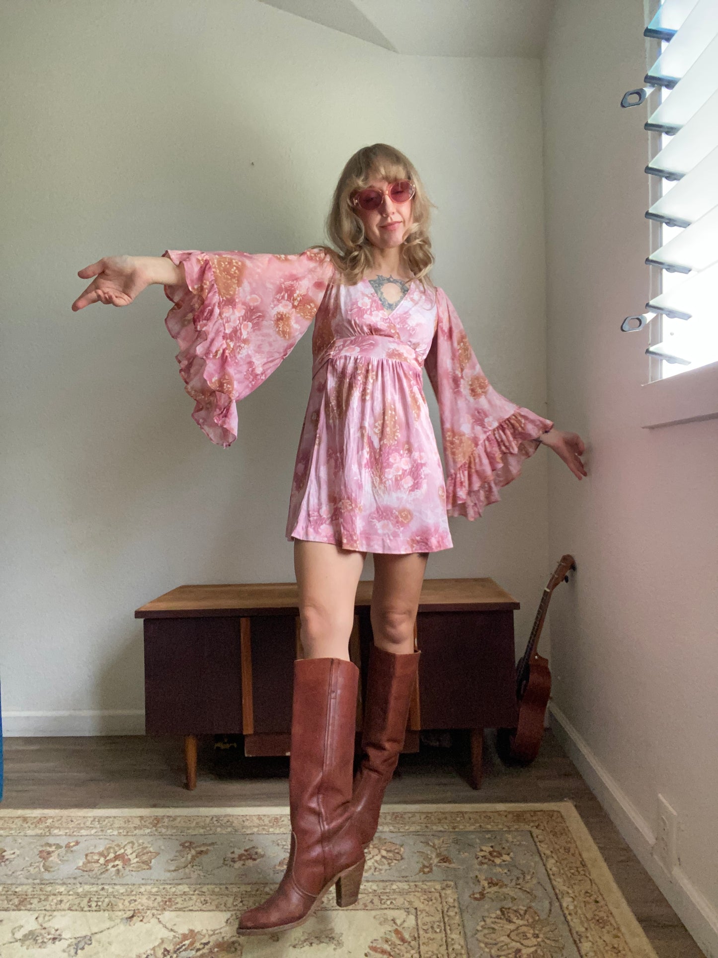 1970s Pink Floral Angel Sleeve Mini dress/ shirt XS S