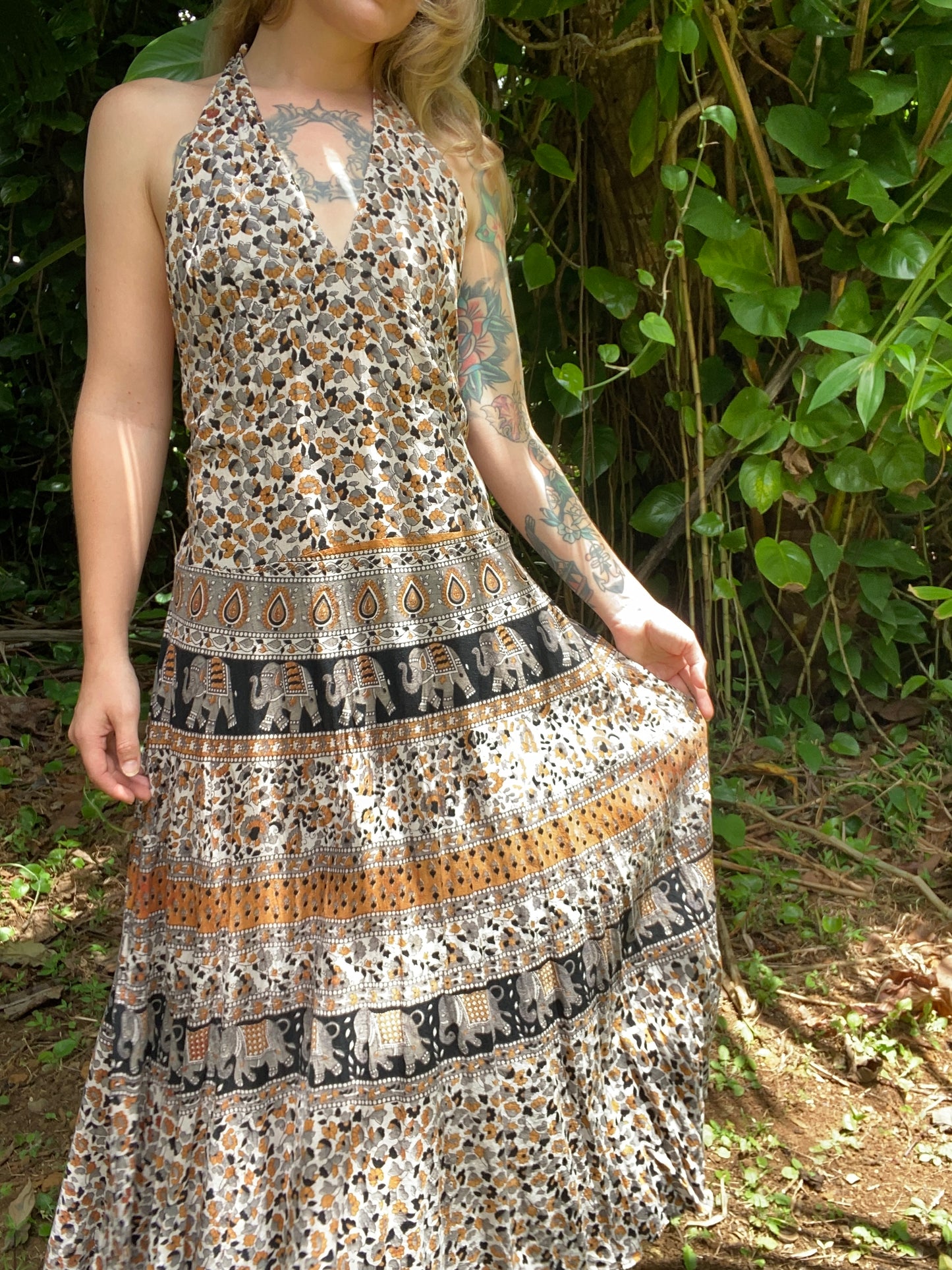 Vintage Indian Gauze Cotton floral backless dress