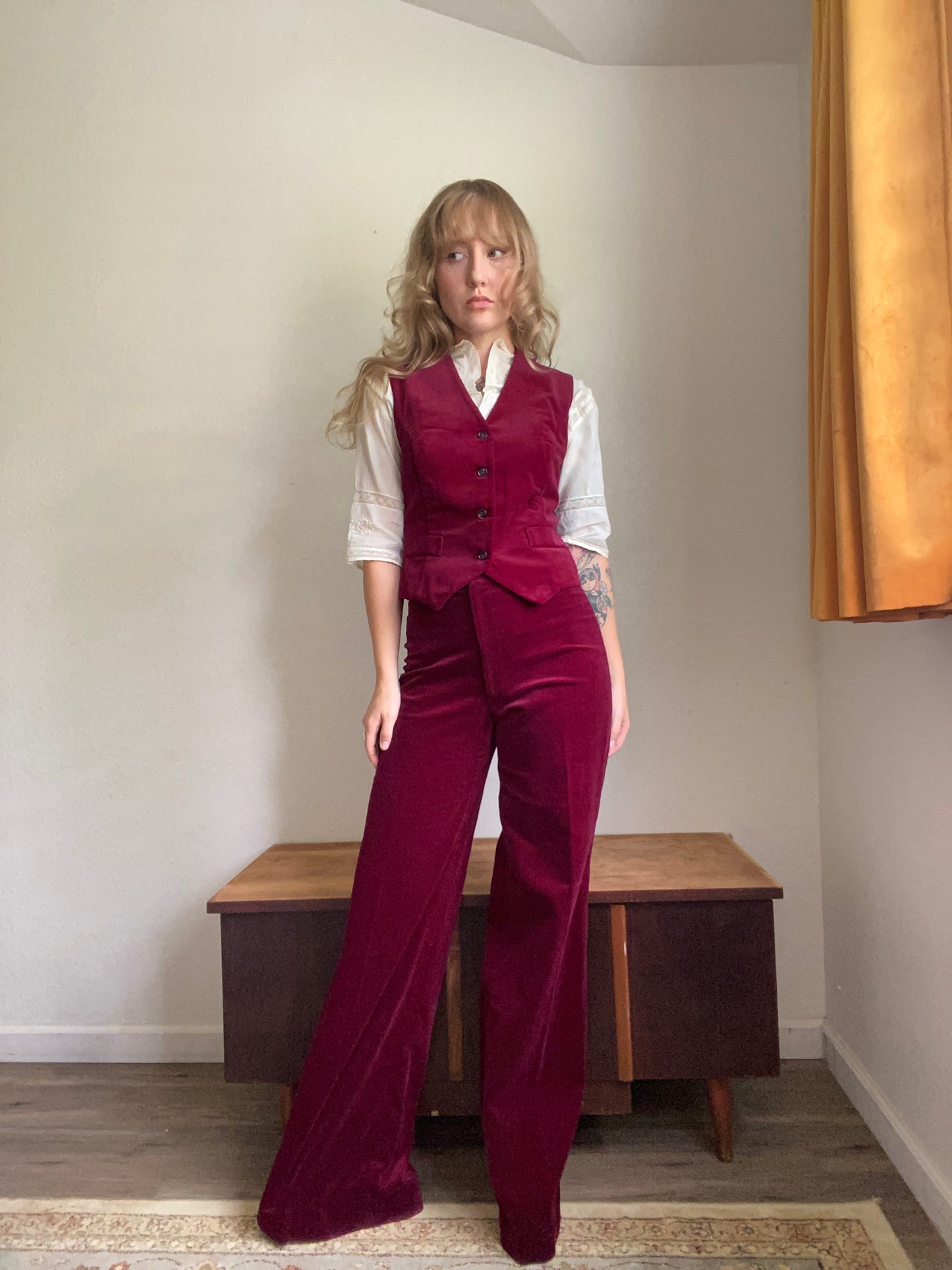 1970s Burgandy velvet 2 piece pants and vest suit set by SIR… for her