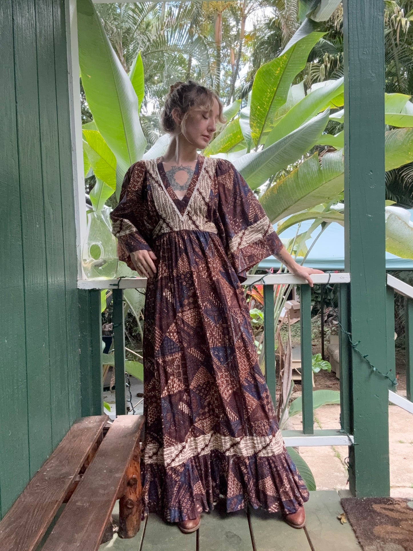 1970s Young Innocent by Arpeja Patchwork Kaftan Maxi Dress small
