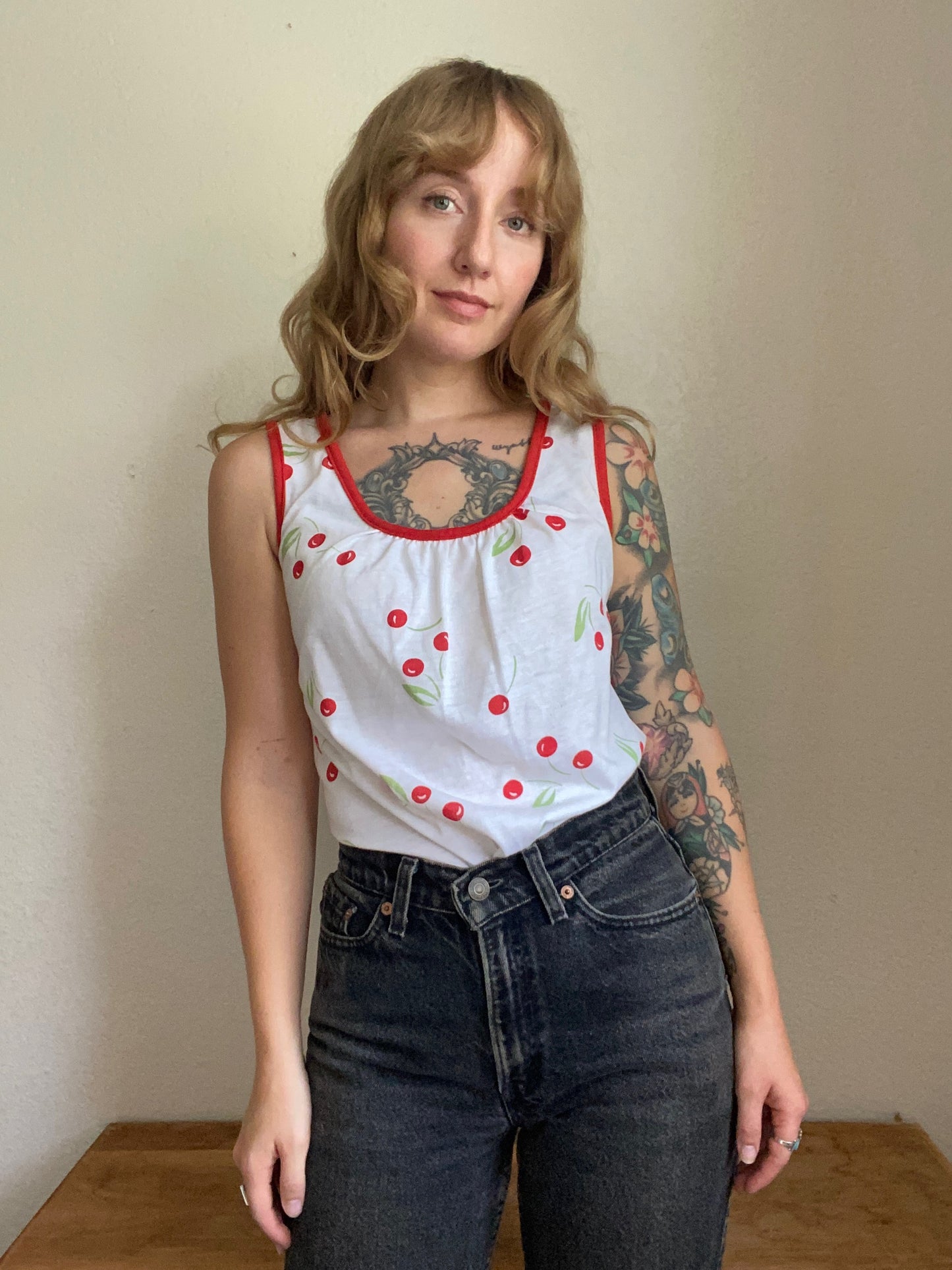 70s/80s cherry tank top and blouse set Medium