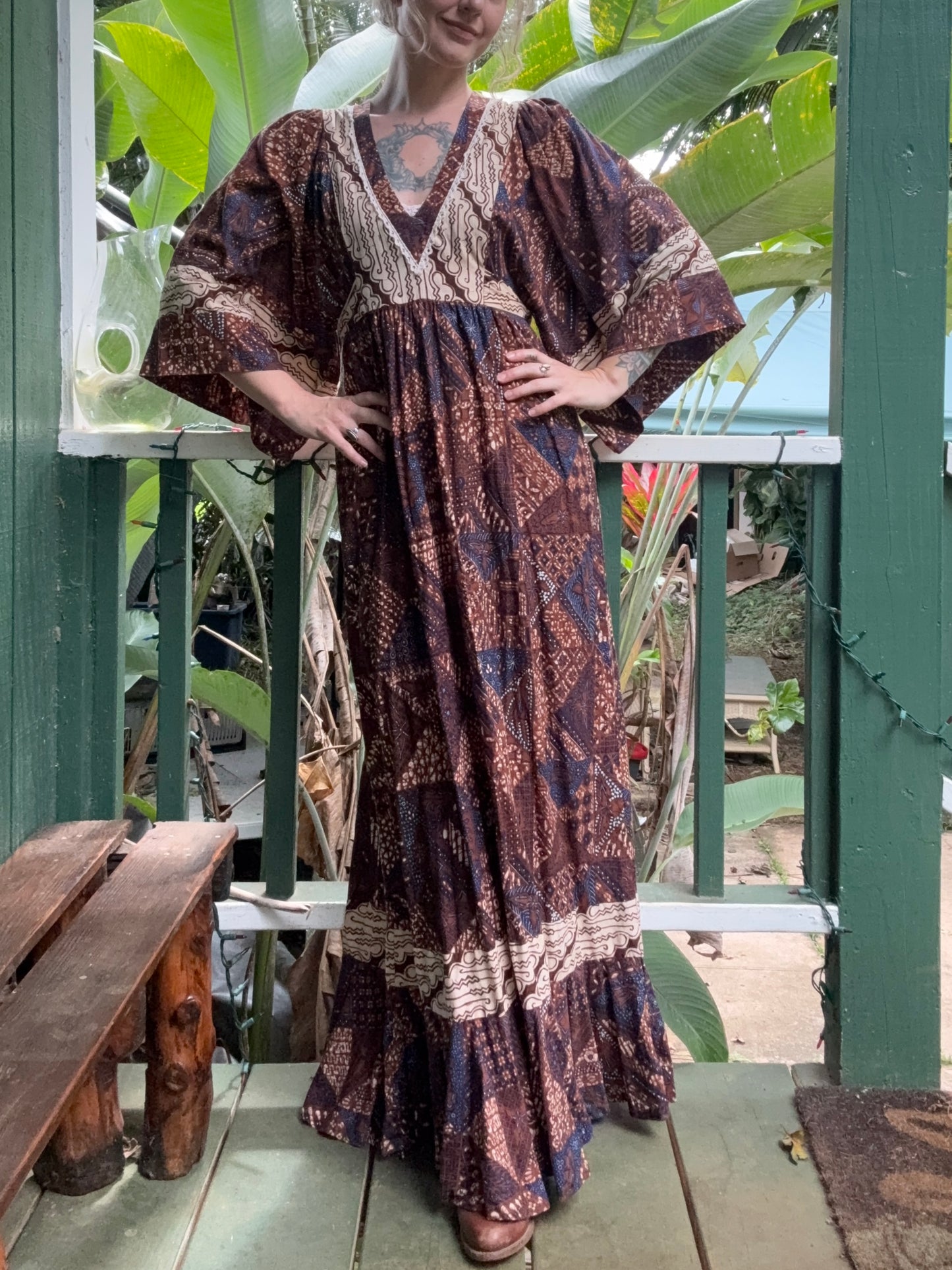 1970s Young Innocent by Arpeja Patchwork Kaftan Maxi Dress small